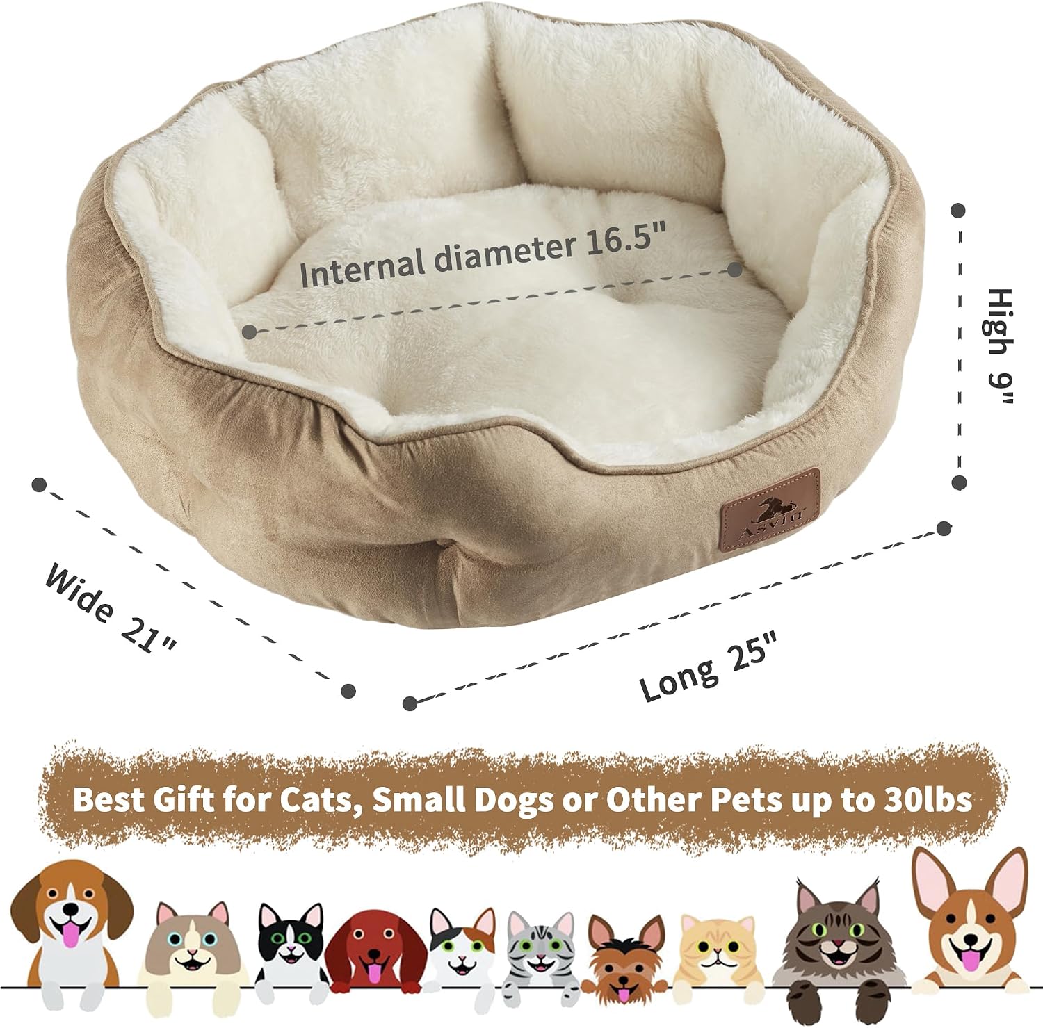 Detalle de Asvin CB-M-LBR-ZZ-LM Round Pet Bed, Sherpa Fleece, Machine Washable