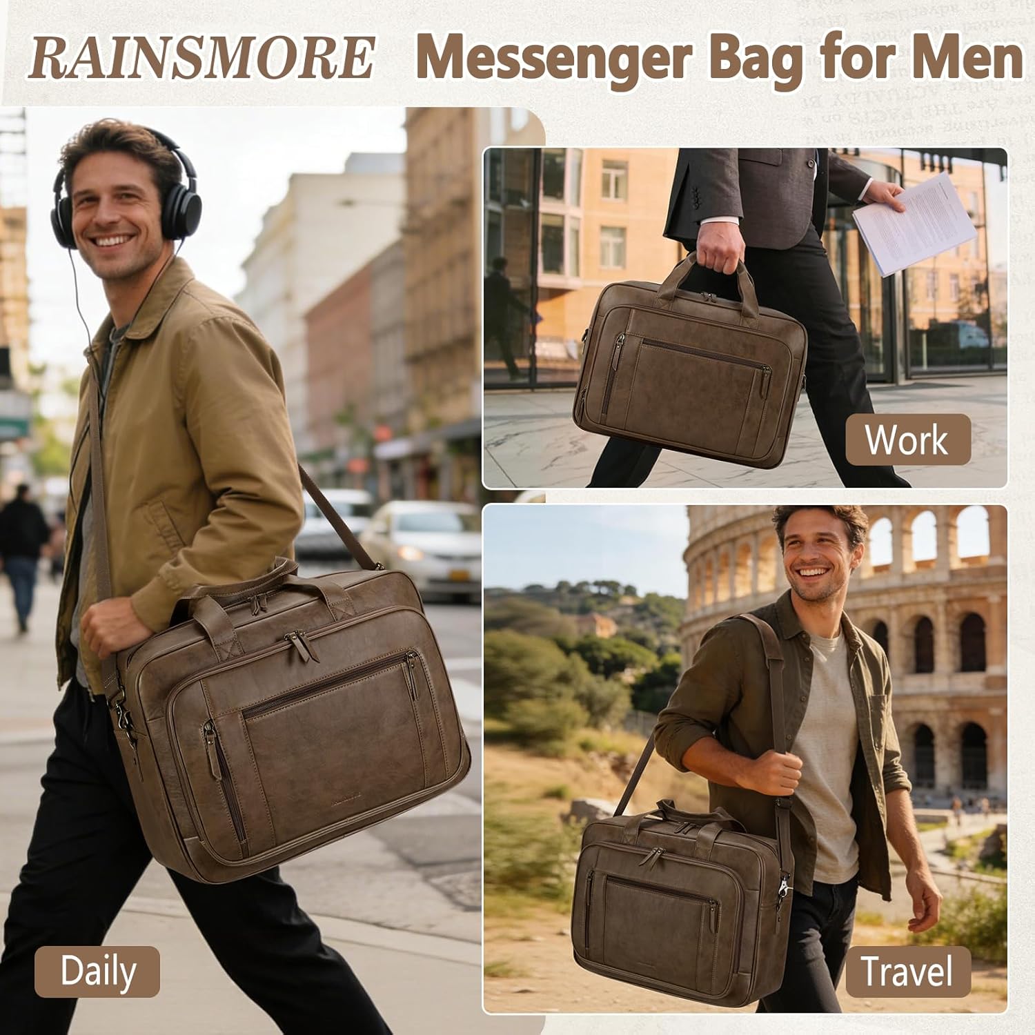 Thumbnail 1 de RAINSMORE Laptop Bag for Men – 16 Inch Waterproof PU Leather Satchel Briefcase