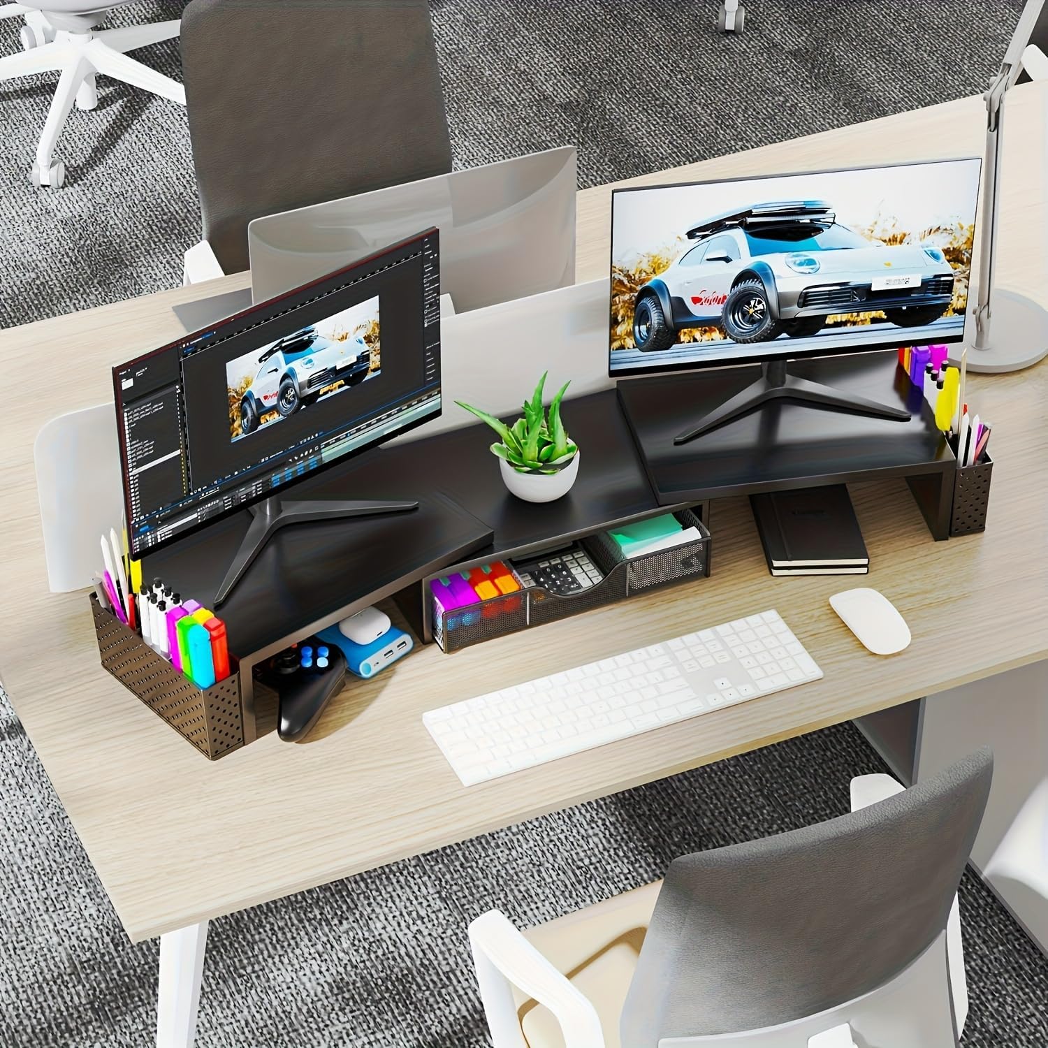 Thumbnail 5 de Pygocereri dual monitor stand riser with drawer and pen holders (adjustable height/angle) – metal black
