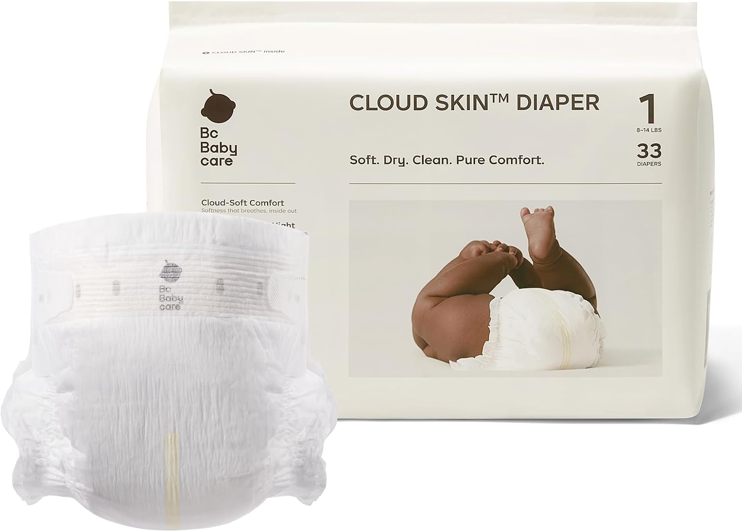 Bc Babycare Cloud Skin Baby Diapers, Size 1 (8–14 lbs), 33 Count, Hypoallergenic
