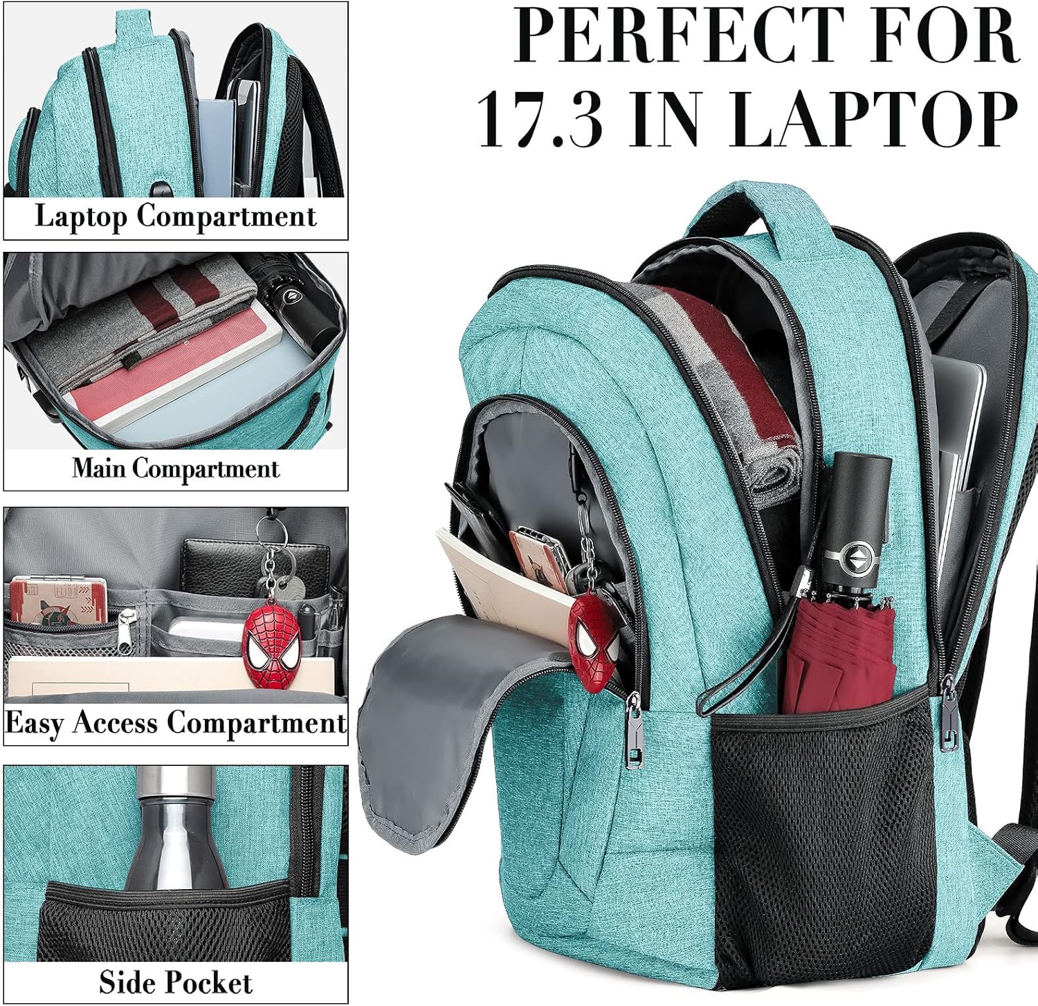 Detalle de BIKROD Rucksack Herren & Damen – wasserdichter Schulrucksack mit 17,3‑Zoll-Laptoptasche und USB-Anschluss