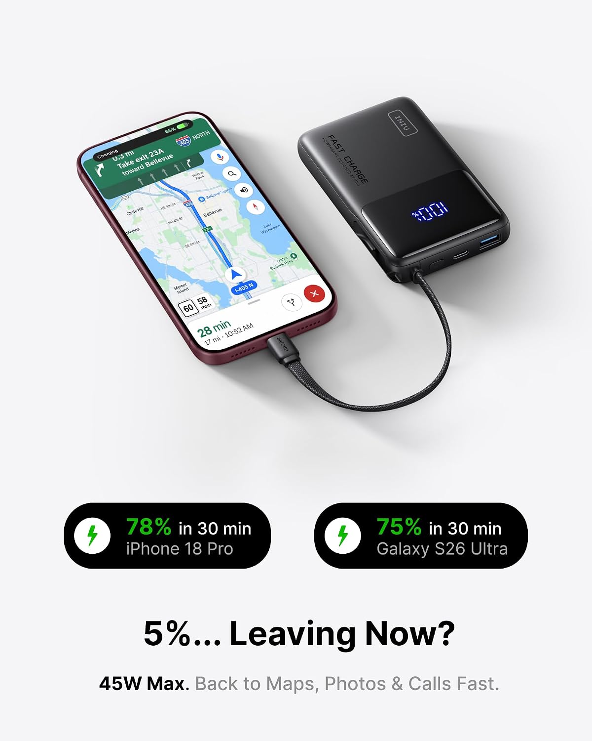 Detalle 2 de INIU P55L 10,000mAh Power Bank, 45W Fast Charging and Built-in USB-C Cable