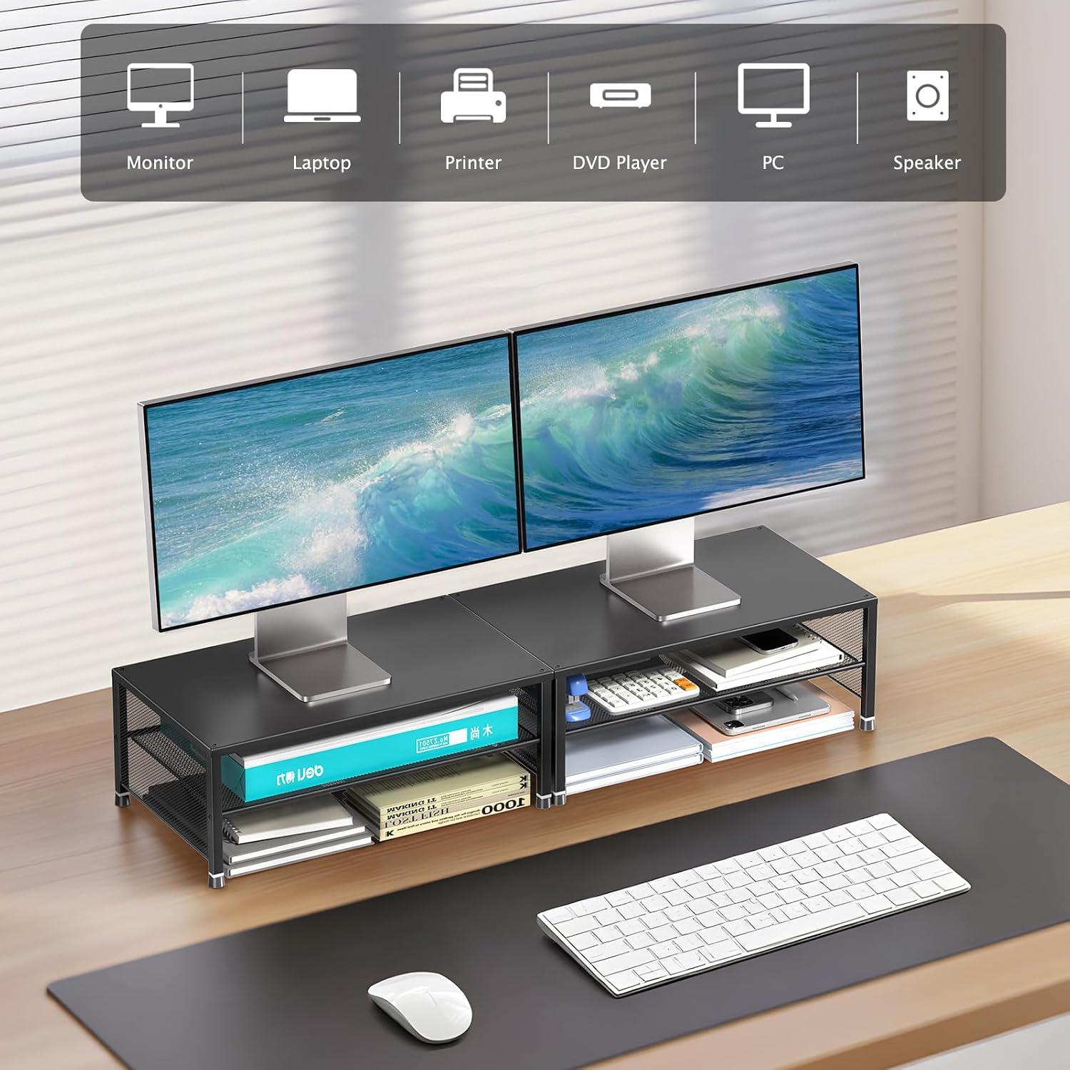 Thumbnail 6 de OPNICE 2-Tier Monitor Stand Riser, Black Steel Desk Organizer, 44 lb Capacity