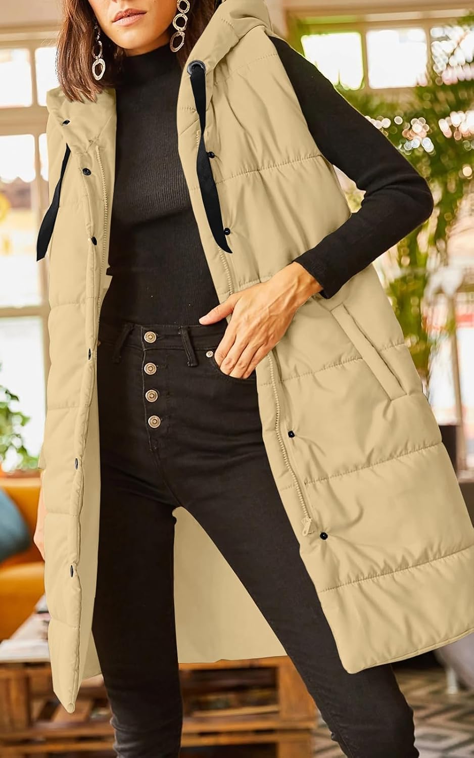 Detalle 2 de Grlasen Women's Long Quilted Puffer Vest with Hood, Pockets and Drawstring