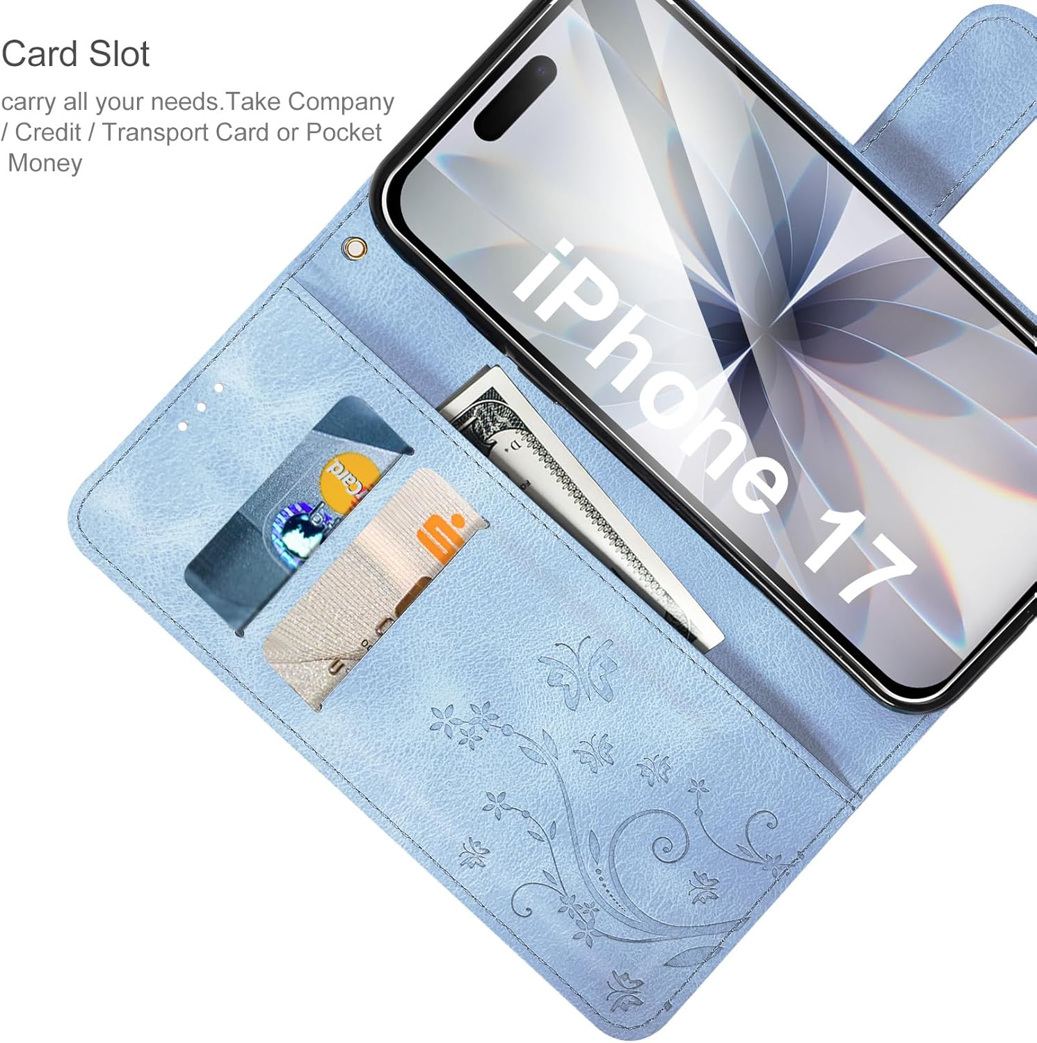 Thumbnail 1 de AROYI Case for iPhone 17 with Tempered Glass Screen Protector & Wallet Fold - Mist Blue