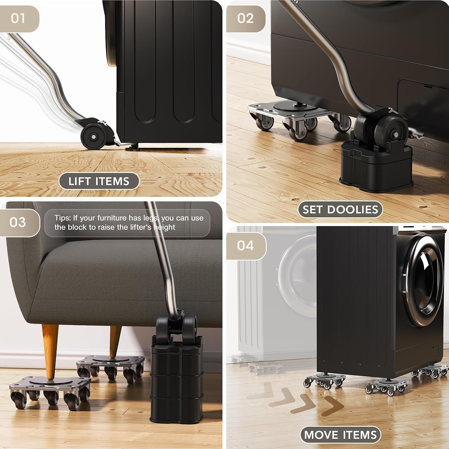 Detalle de WOUOW Kit Spostamento Mobili con Funzione Parking – Carrello per Mobili Pesanti 500 kg