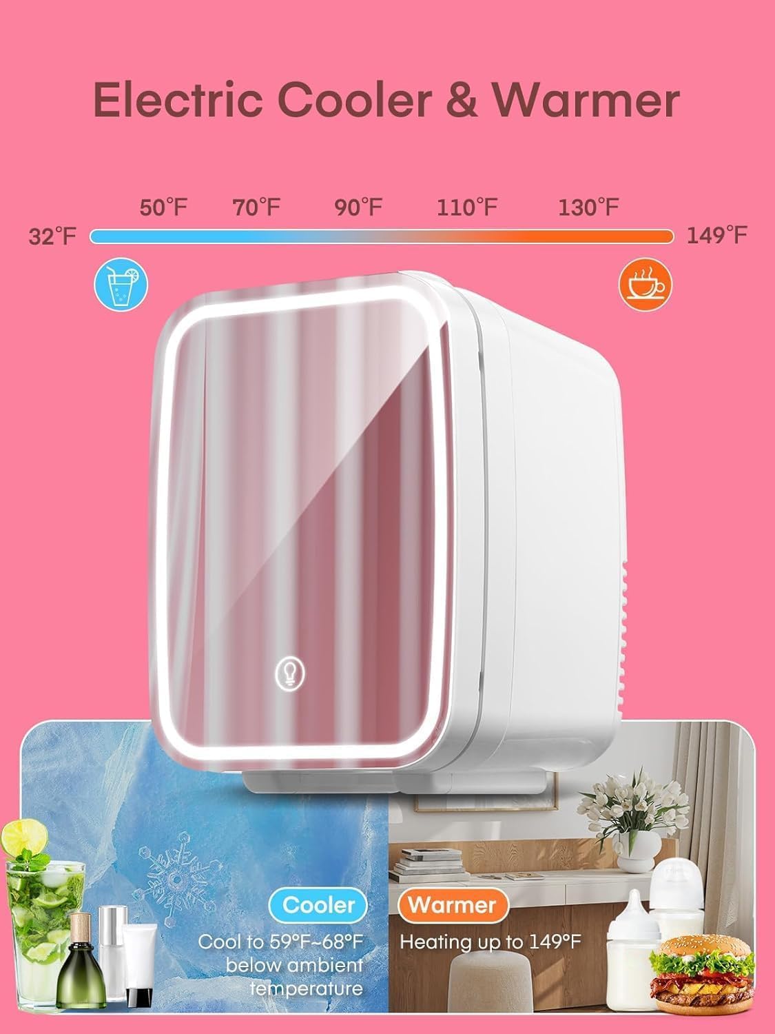 Detalle 2 de FOHERE Mini Nevera para Dormitorio con Espejo LED y función frío/calor (5L)