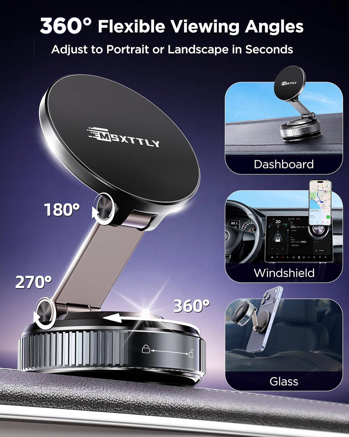 Detalle 2 de MSXTTLY Vmag-S2 2026 Vacuum Magnetic Car Phone Holder with 360° rotation, foldable design and twist-lock suction (Black)