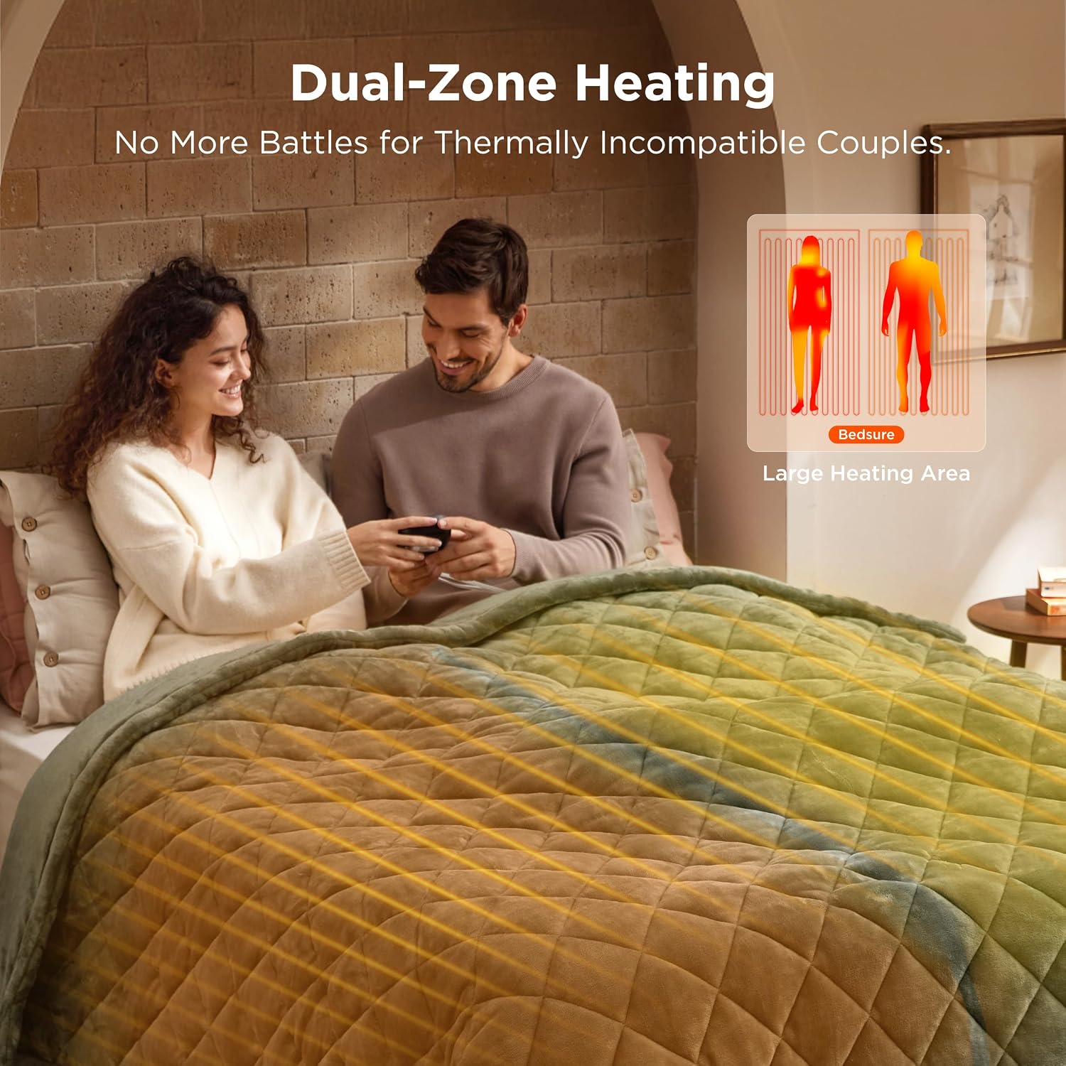 Detalle 2 de Bedsure Quilted Heated Blanket, King Size 90 x 100, Olive Green, Dual Controls