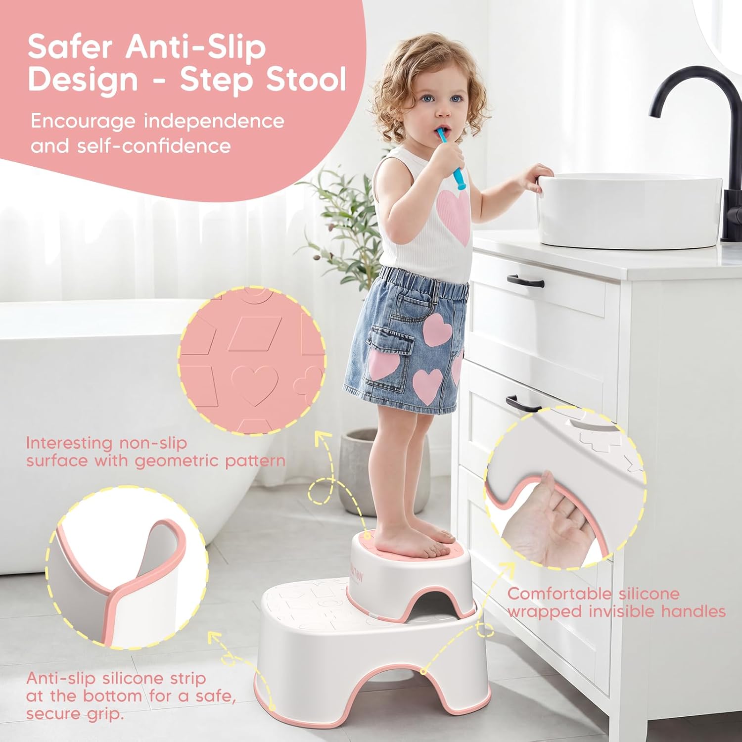 Detalle 2 de Maliton Toddler Toilet Seat with 2 Step Stool (Pink) – Anti-Slip, Handles & Splash Guard for 1–8 Years