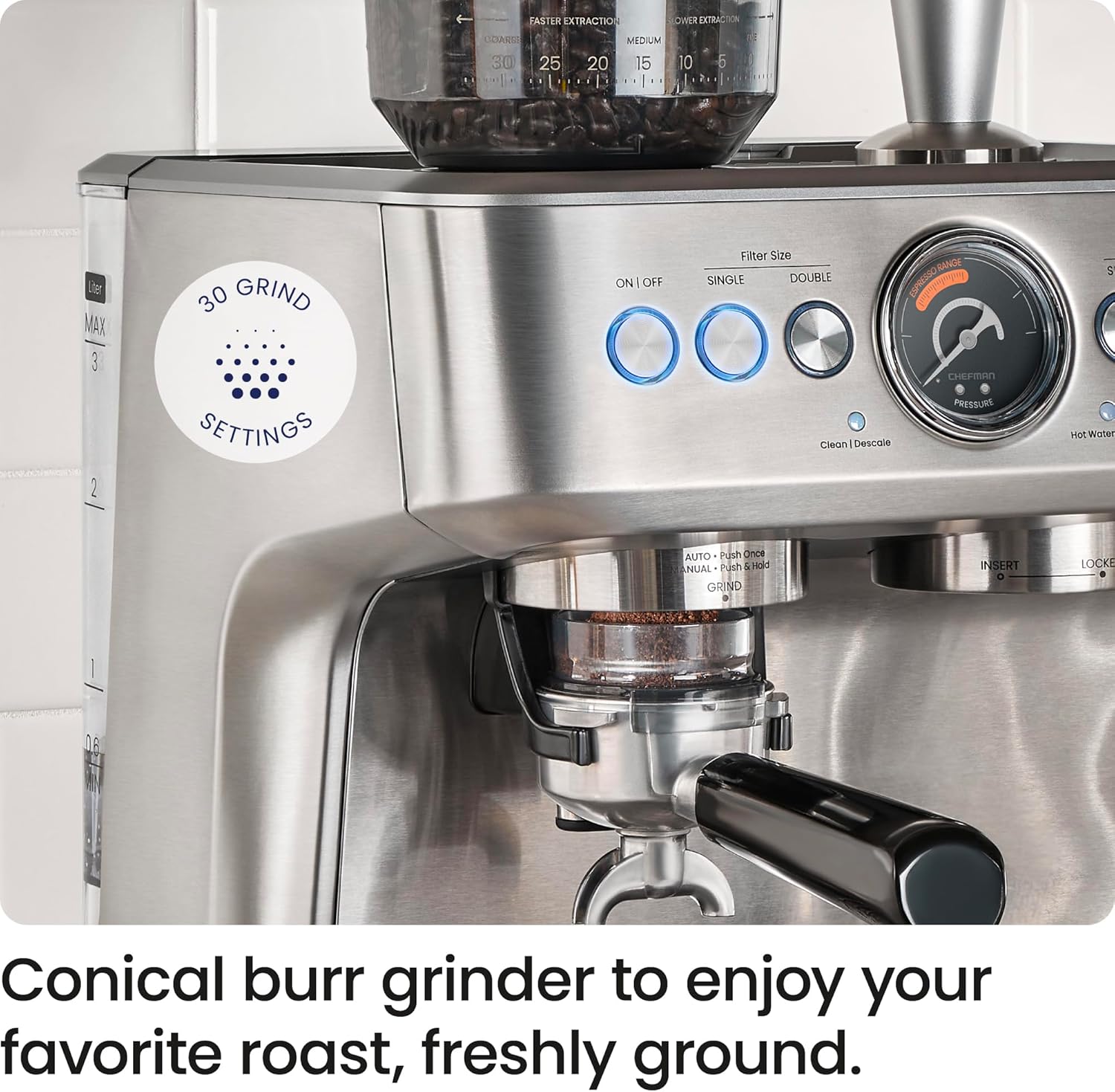 Thumbnail 2 de Chefman Crema Supreme 15 Bar Espresso Machine with Milk Frother: All-in-One Semi-Auto with Built-In Grinder