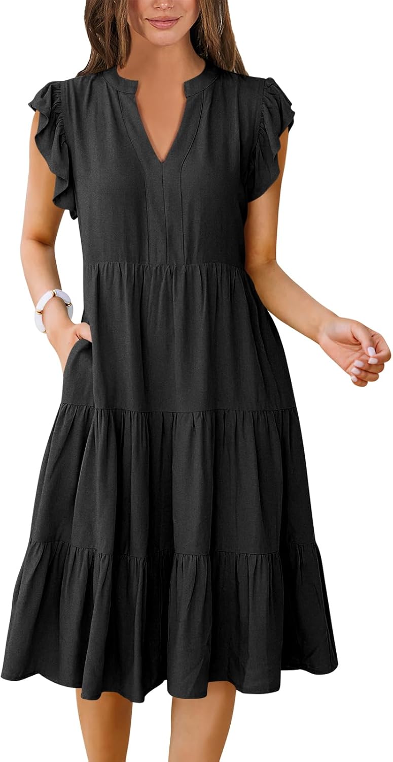 Detalle de ANRABESS Ruffle Sleeve V-Neck Tiered Midi Dress for Women
