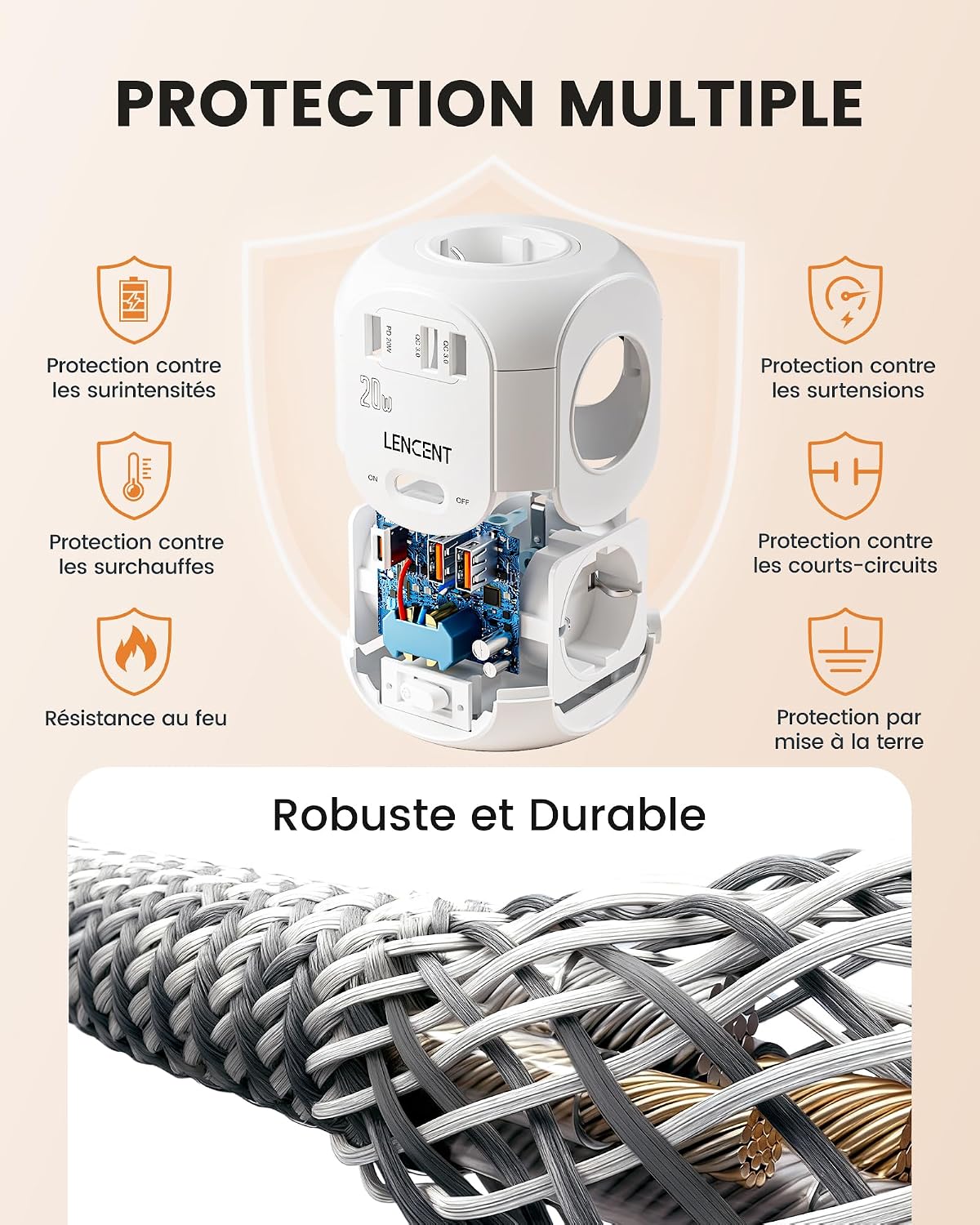 Detalle de LENCENT SL-805E-F-PD stekkerdoos met 4 stopcontacten, QC 3.0 en PD 20 W