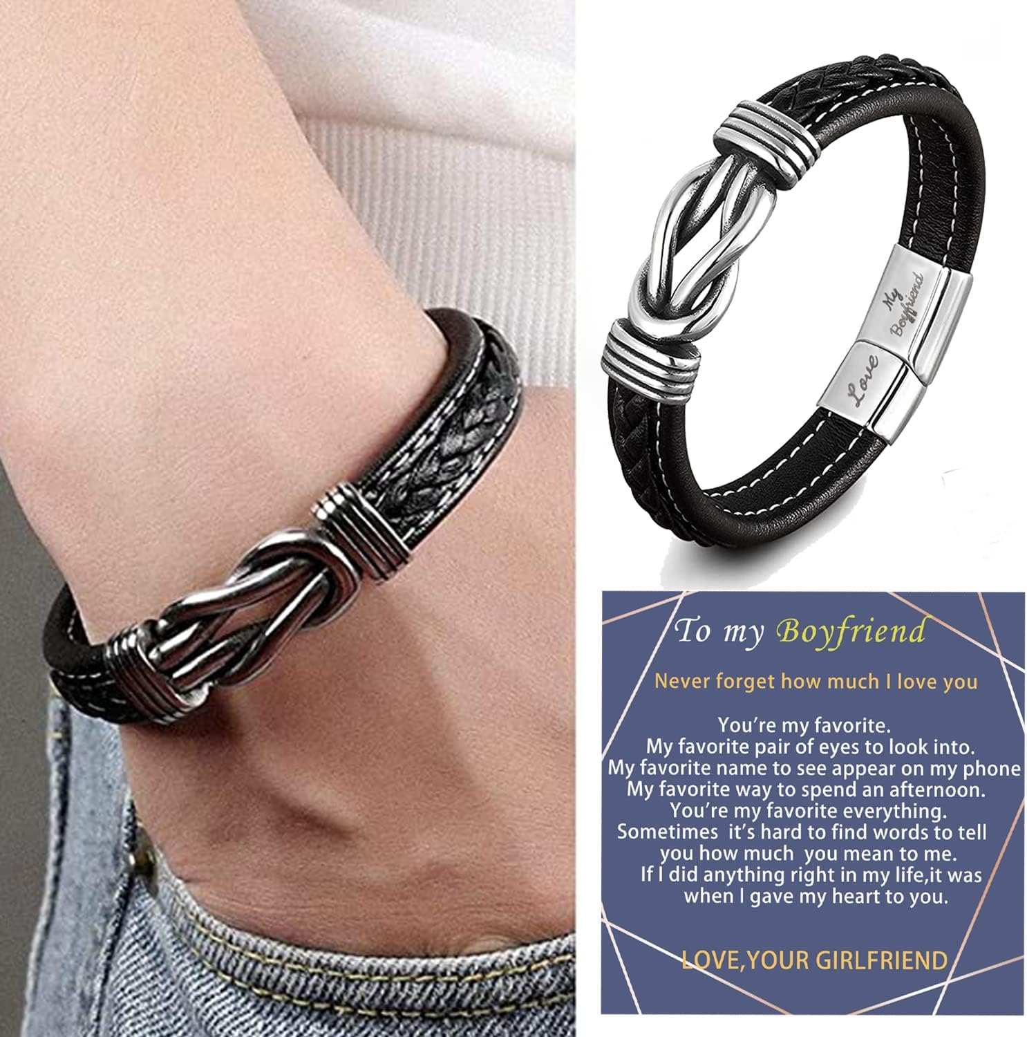Detalle de Leather braided bracelet with stainless steel clasp for men – “Love My Boyfriend” engraved gift
