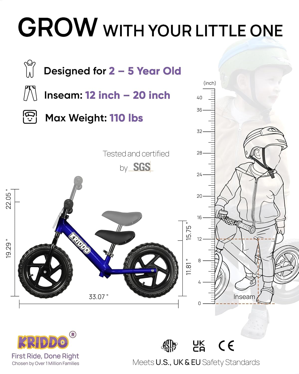 Detalle de KRIDDO Toddler Balance Bike 12-Inch, Adjustable for Ages 18 Months to 5 Years (Blue)