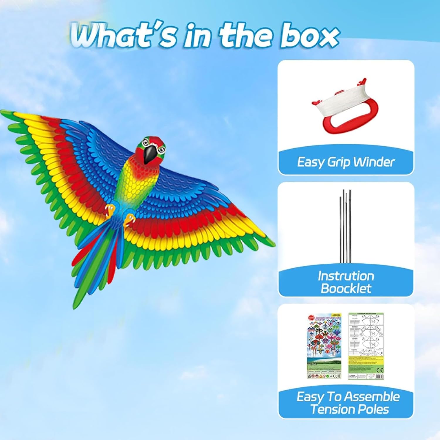 Thumbnail 2 de Large Parrot Kite 53x38 Inch – Colourful Single Line Kite with Long Tail and Winding Handle