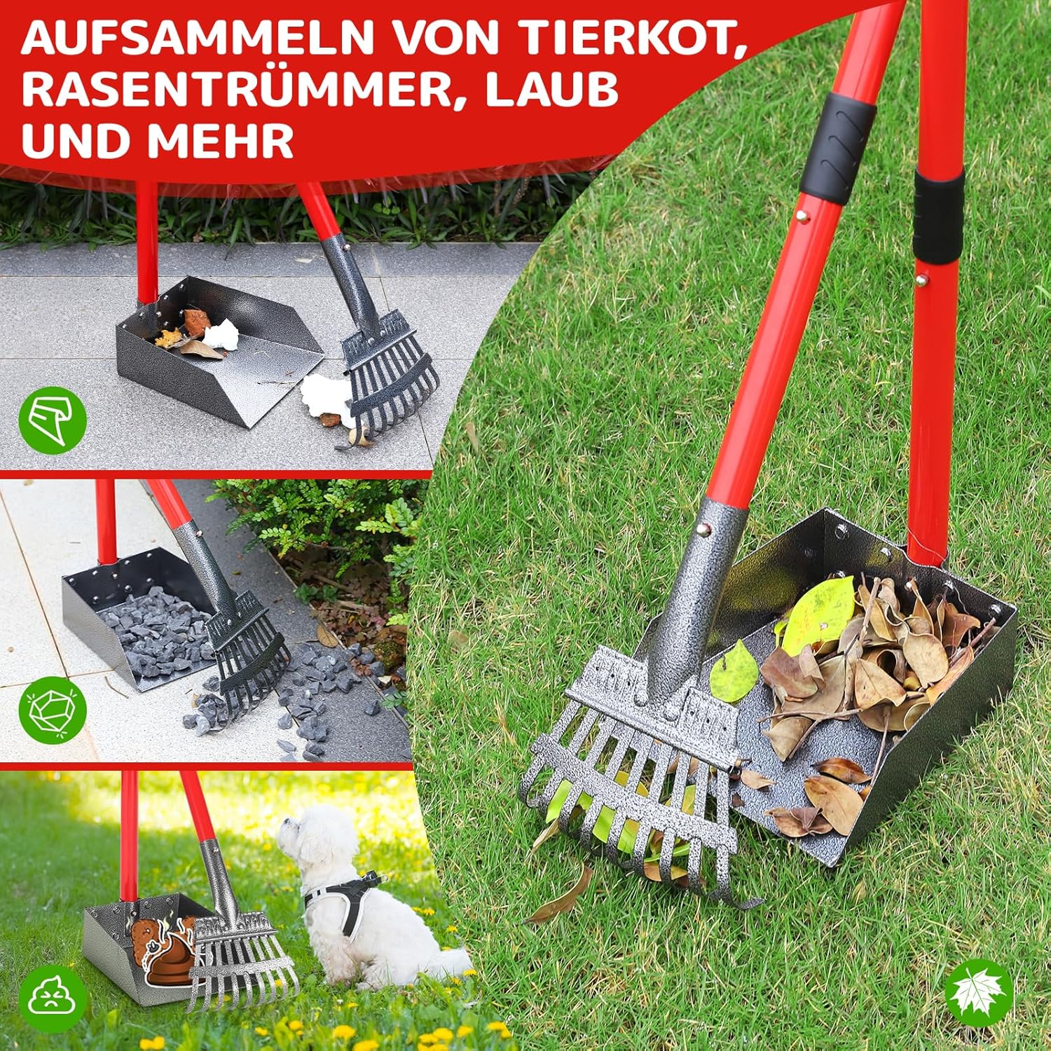Detalle 2 de Ormalla Hundekotschaufel aus Edelstahl mit ausziehbarem Metallrechen und Tablett (Rot)