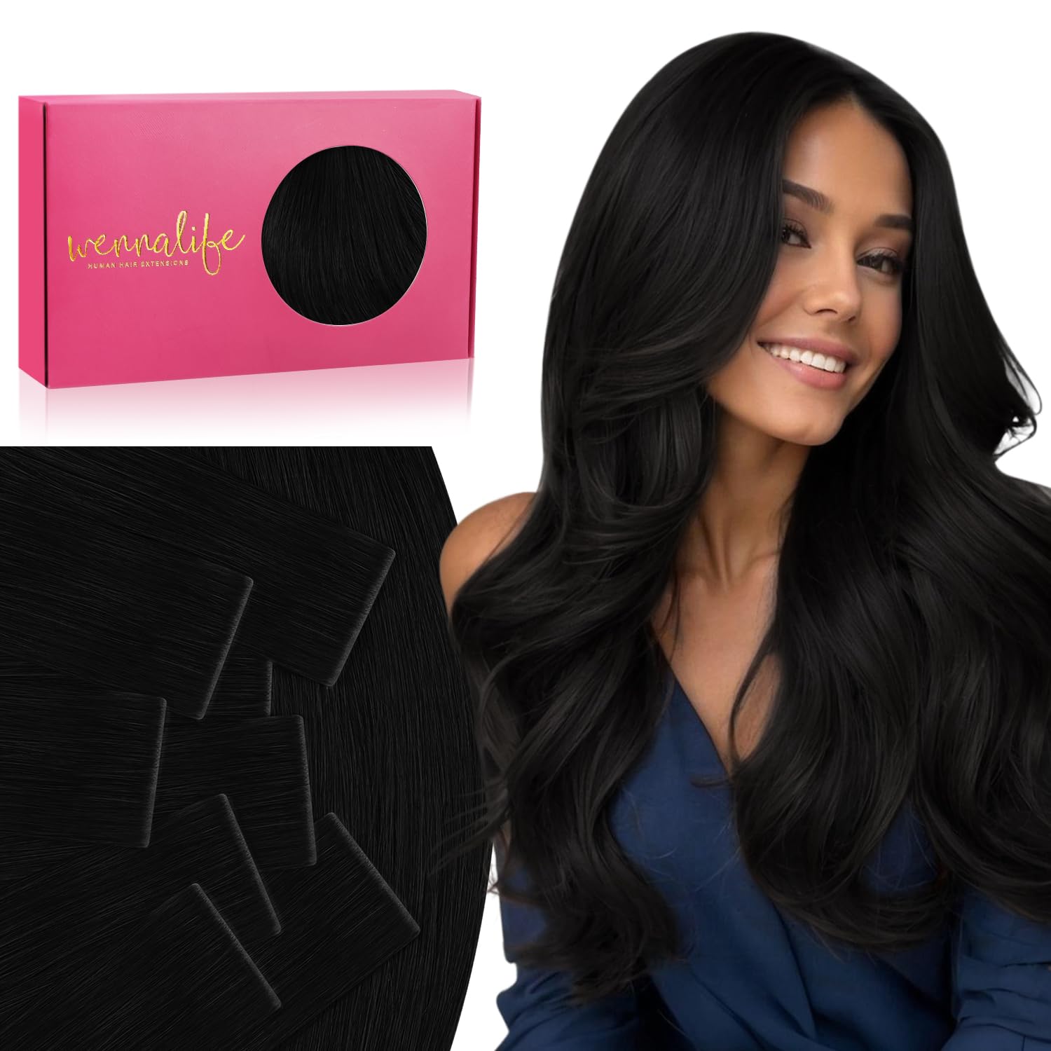 Detalle de WENNALIFE Invisi Edge Tape-in Hair Extensions – 18 Inch, Jet Black, 50g, 20pcs