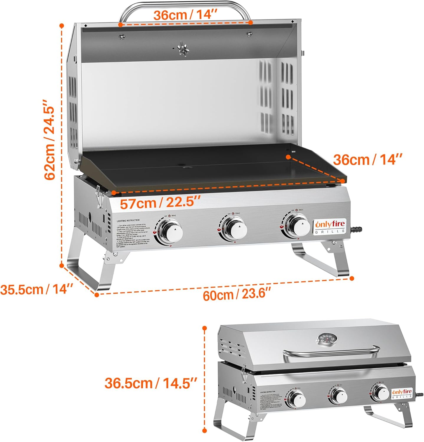 Thumbnail 2 de Onlyfire 3-Burner Gas Griddle portable tabletop with ceramic non-stick plancha, lid & thermometer