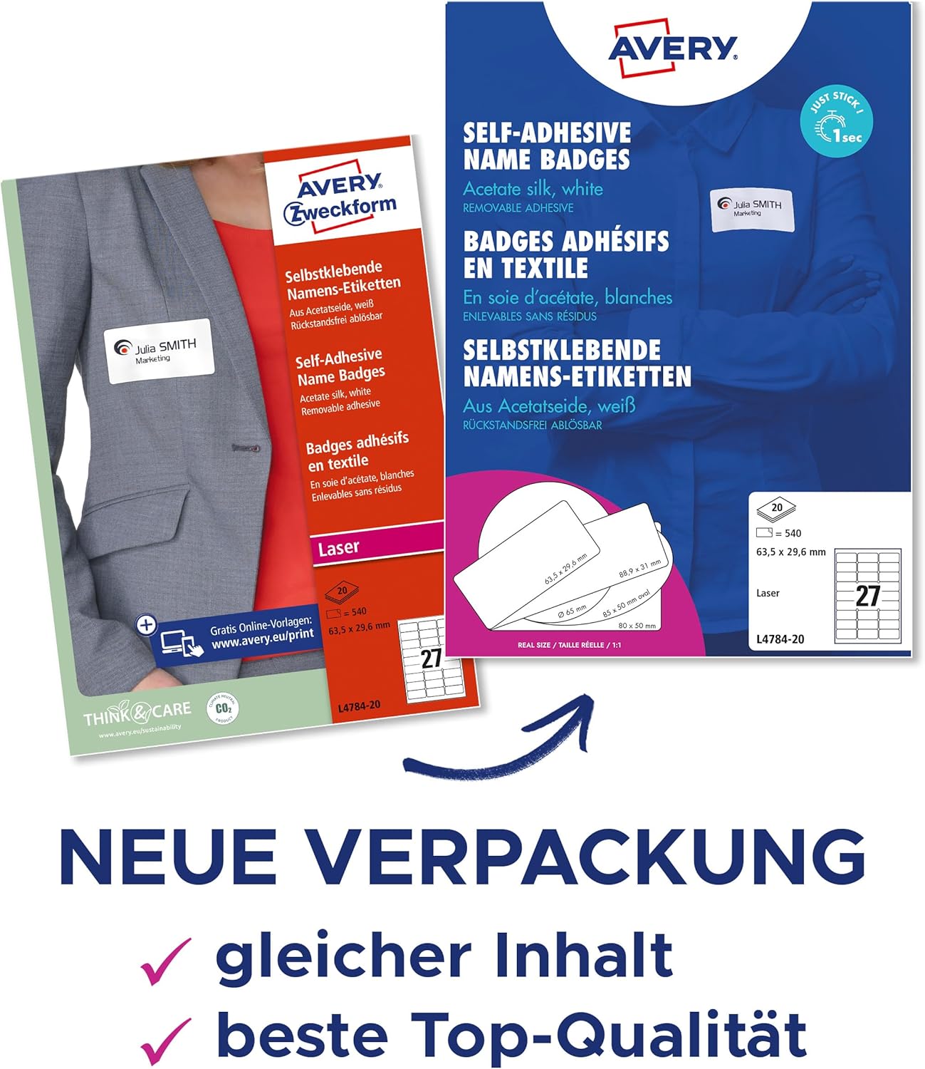 Detalle de AVERY Zweckform L4784-20 Namensetiketten – 540 ablösbare Textiletiketten auf A4, 63,5 x 29,6 mm, für Laserdrucker