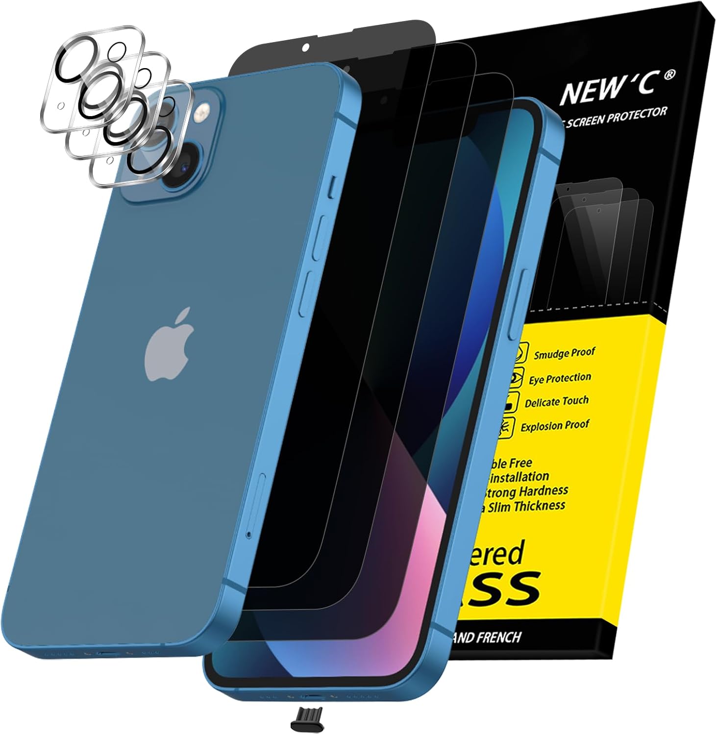 Detalle de NEW’C 3x Privacy Tempered Glass Screen Protector for iPhone 13 (6.1") + 3x Camera Lens Protectors (privacy angle 28°)