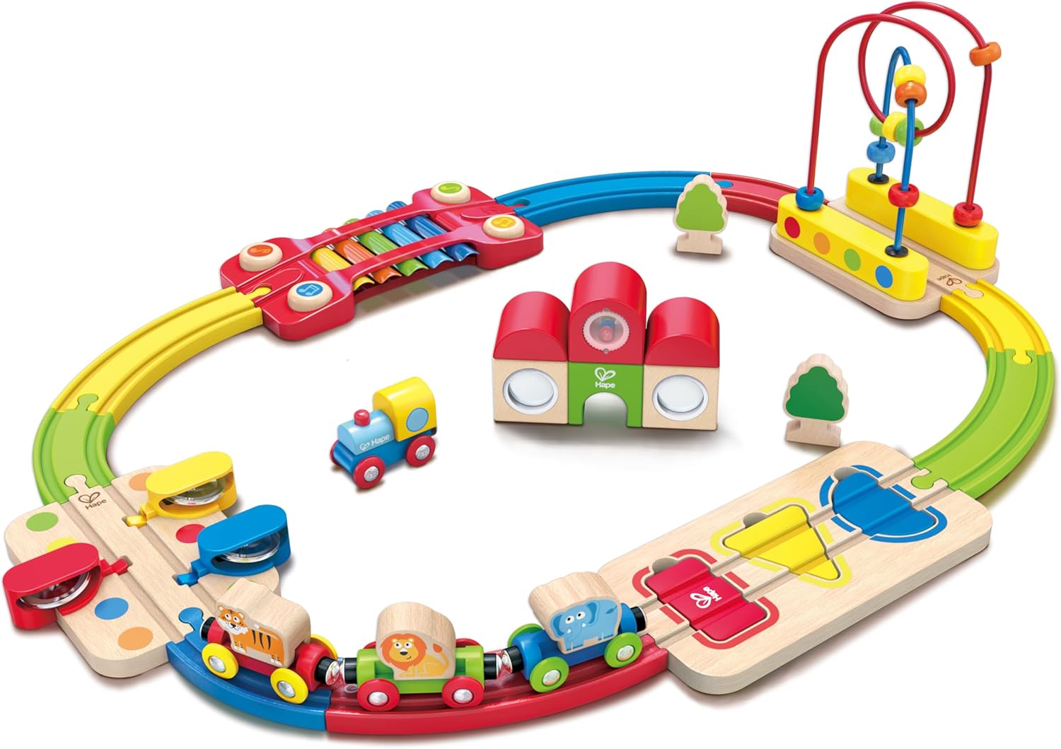 Hape E3826 Pista treno arcobaleno in legno con xilofono e tamburello (dai 18 mesi)