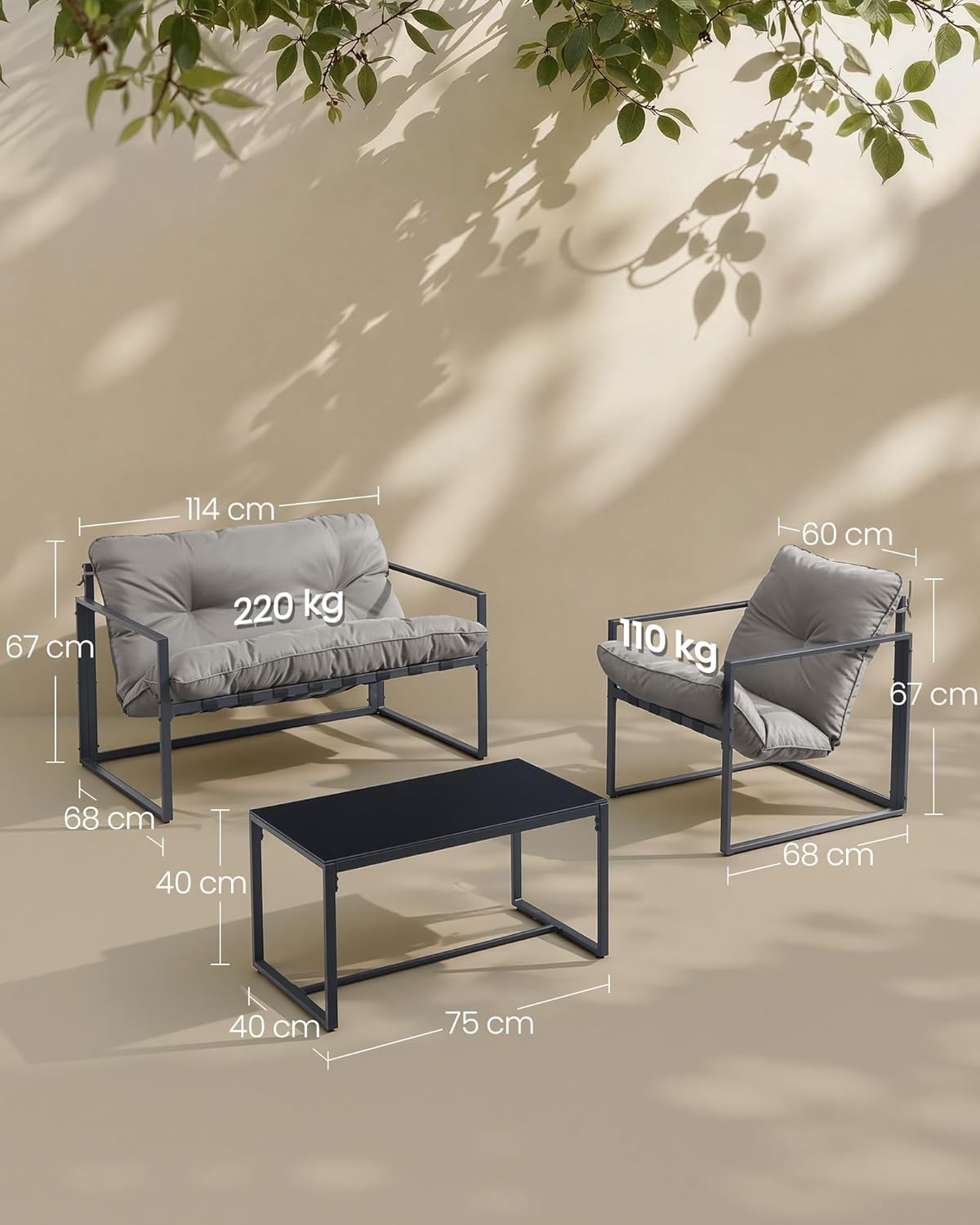 Thumbnail 6 de Salon de jardin SONGMICS 4 pièces (2 fauteuils, table, banquette) en acier gris avec coussins rembourrés