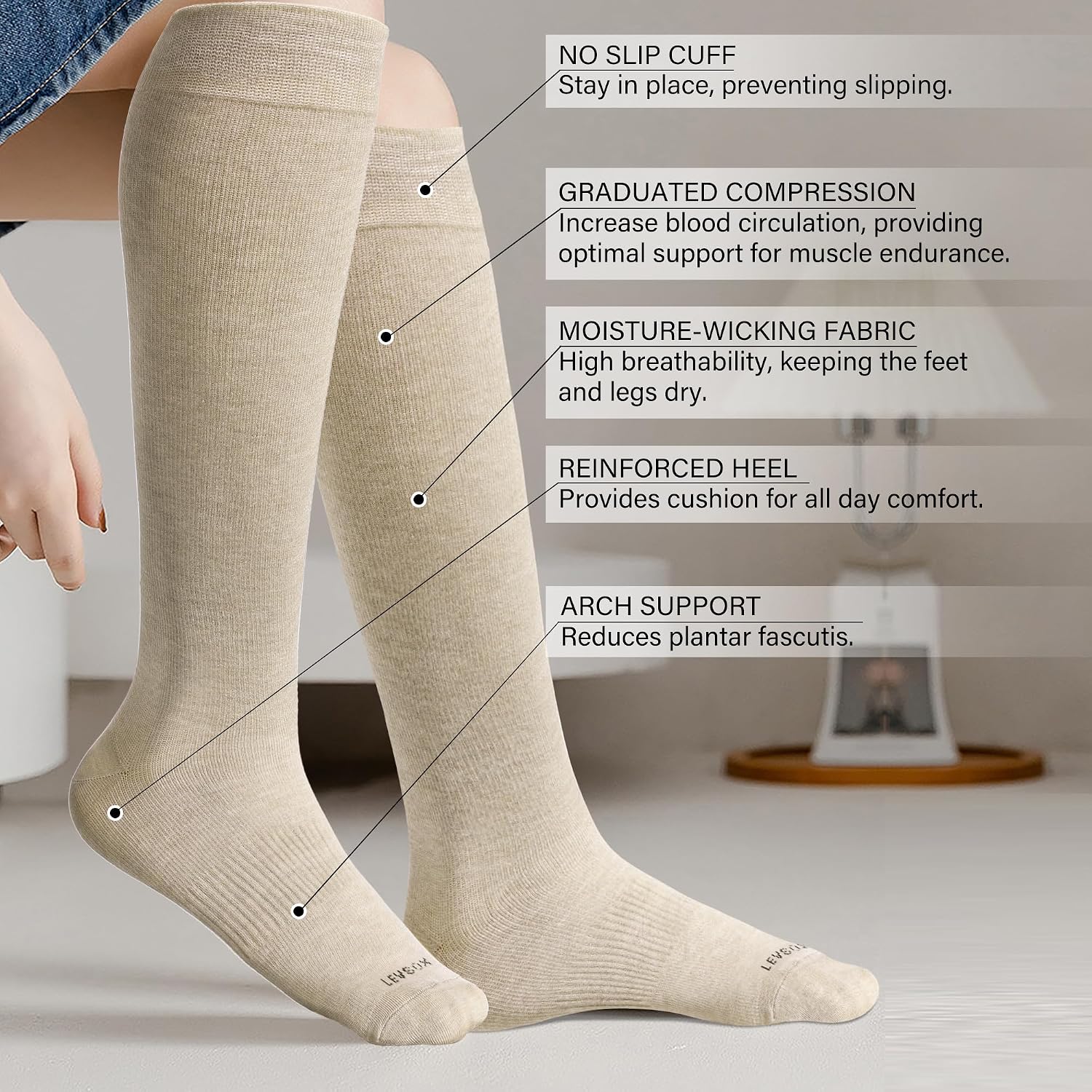 Detalle de LEVSOX Viscose Bamboo Compression Socks for Pregnancy and Travel (20-30 mmHg) – Knee-High