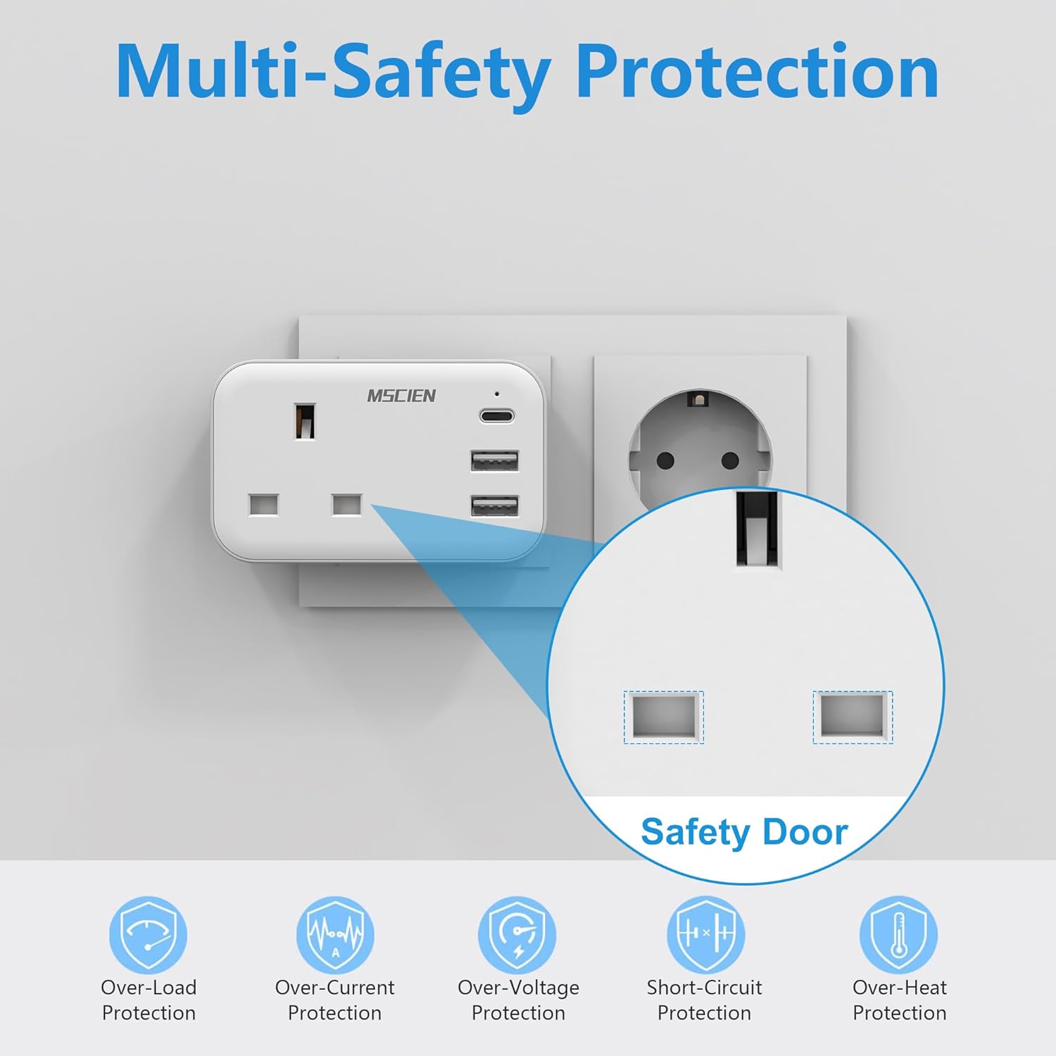 Detalle de Mscien UK to European Plug Adapter with USB C – 4-in-1 Travel Adaptor for UK travellers in Europe