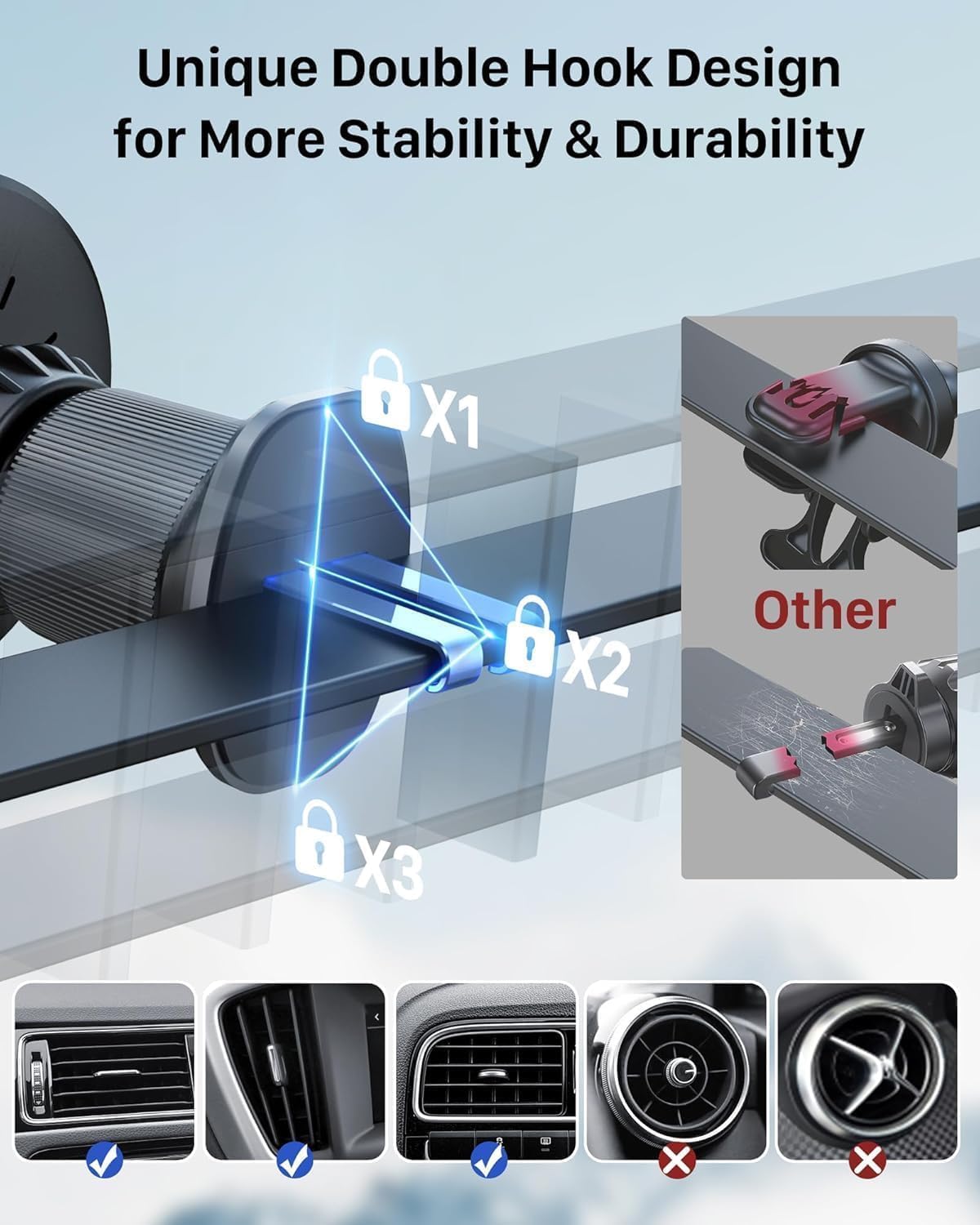 Detalle 2 de YOSH MagSafe Car Mount — air vent magnetic phone holder with dual-hook stability and 20× N55 magnets