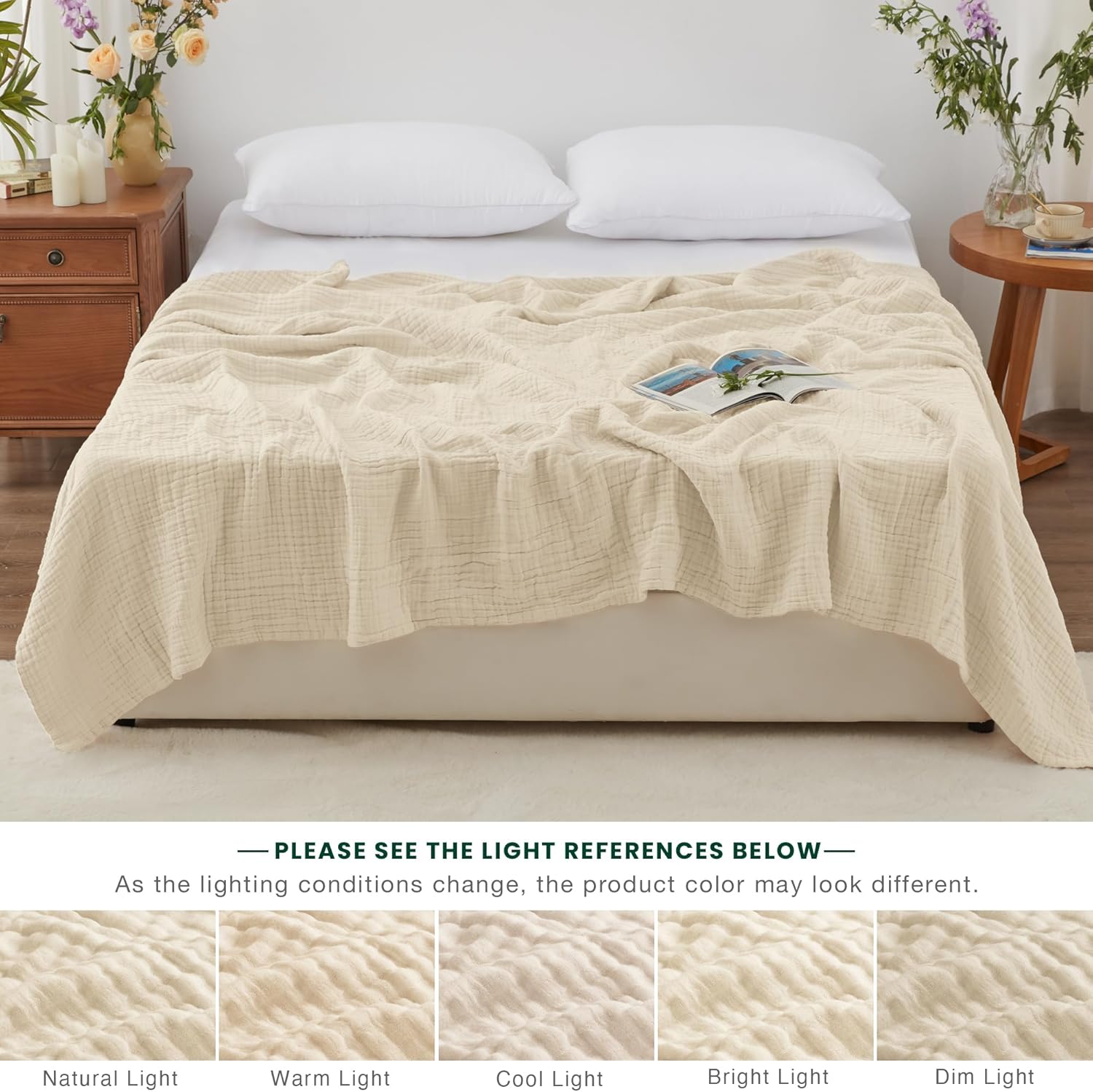 Thumbnail 5 de Love’s Cabin 100% Cotton Muslin Blanket (6-Layer Gauze) – King Size, Beige (108 x 90 inches)