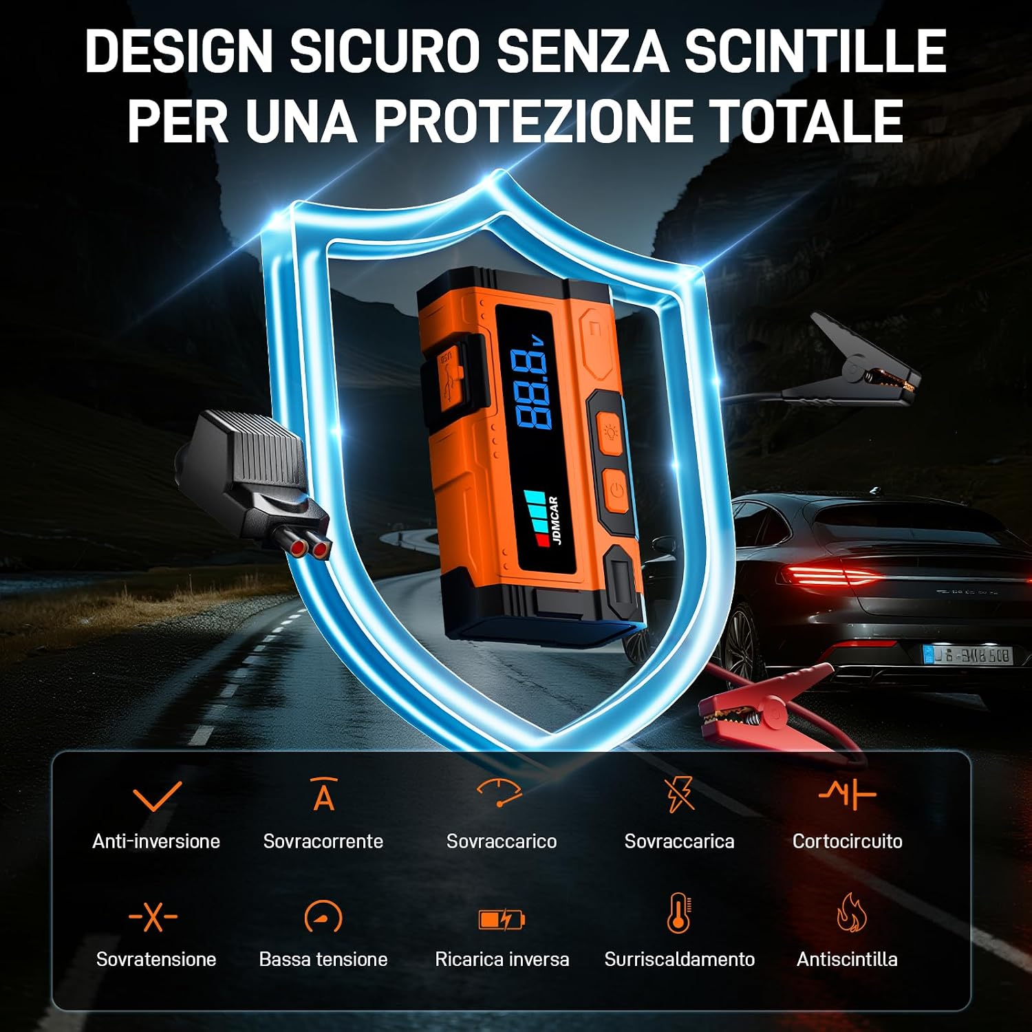 Detalle de JDMCAR 9000A Booster Avviamento Auto – Avviatore Batteria Portatile 12V con LCD, 9.0L Benzina / 8.5L Diesel
