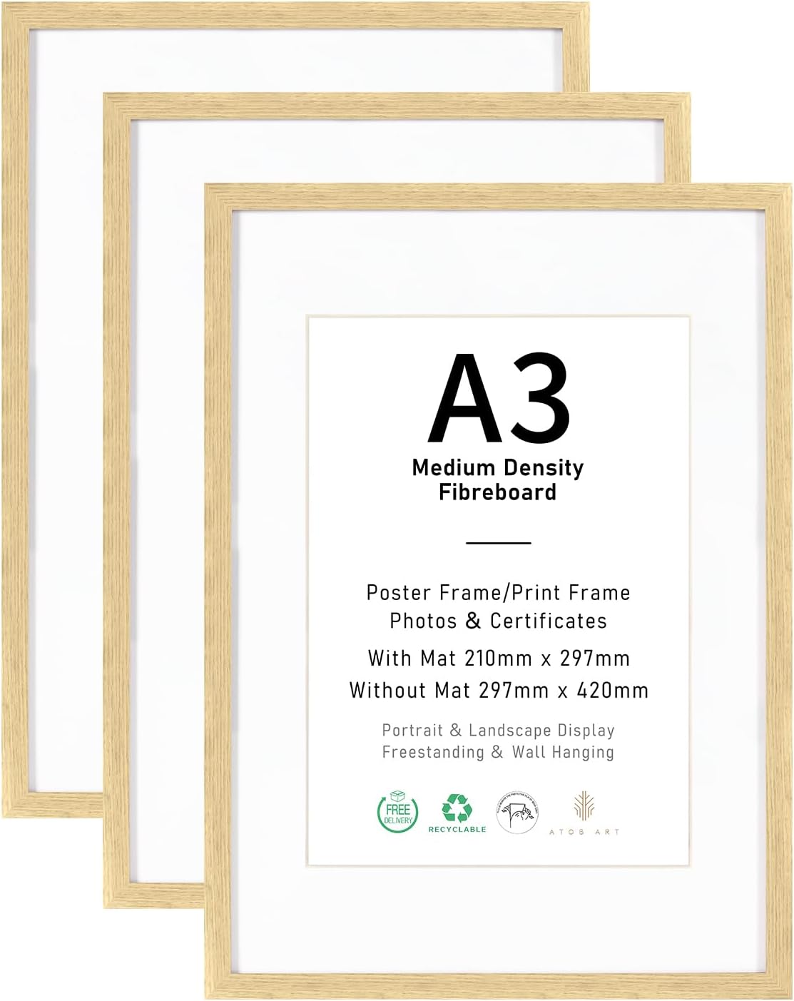 Detalle de A3 Picture Frame 3 Pack: Versatile MDF Frames for A4 Photos with Matting