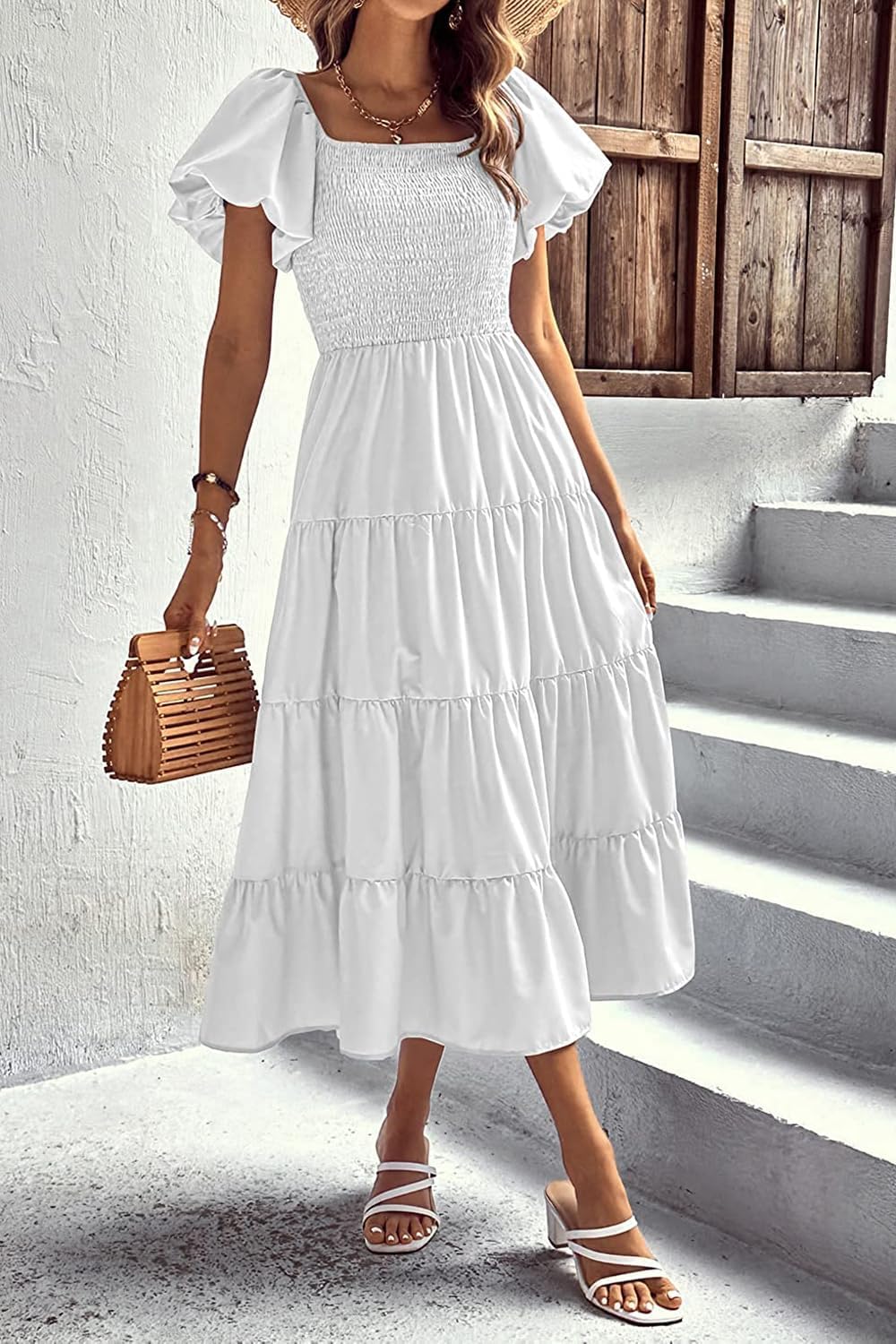 Detalle de Vcindai Damen A-Linie Kleid – Sommer Midi mit Puffärmeln