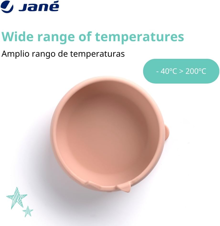 Detalle de Jané Bol et Cuillère en Silicone avec Ventouse – Ensemble bébé rose, sans BPA et compatible micro-ondes