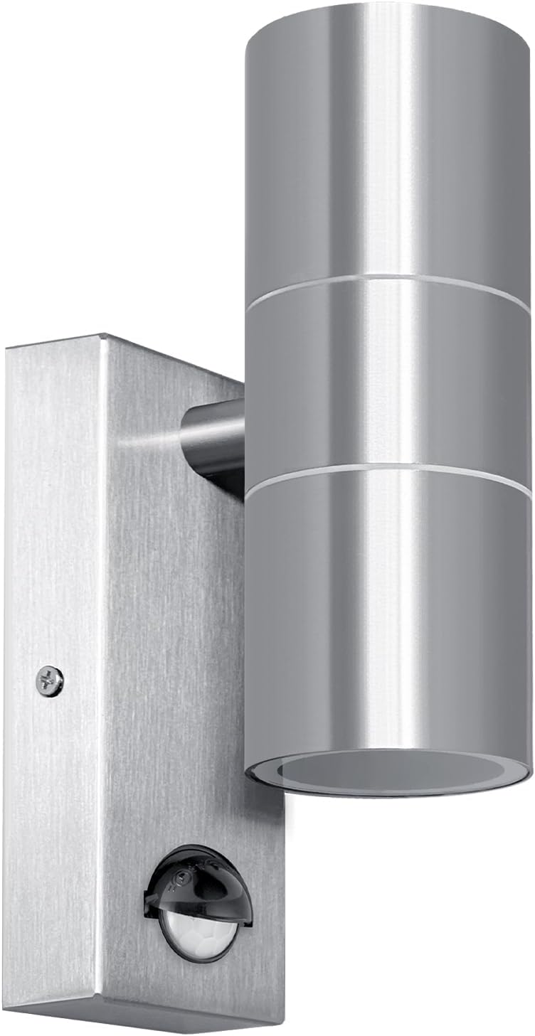 Detalle de Kerry Outdoor Wall Light with Sensor — Mains Powered, Up & Down Light, Silver Stainless Steel