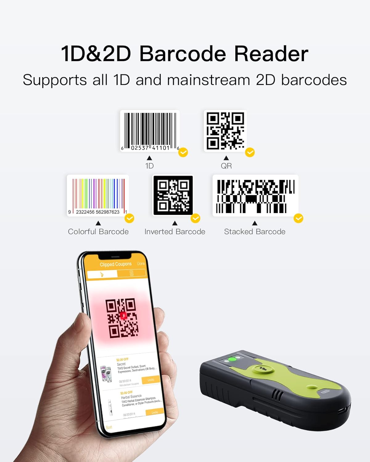 Detalle 2 de Inateck BCST-42: Bluetooth 2D-Datenscanner mit 2,4 GHz USB-Adapter – zuverlässig von Bildschirmen lesen
