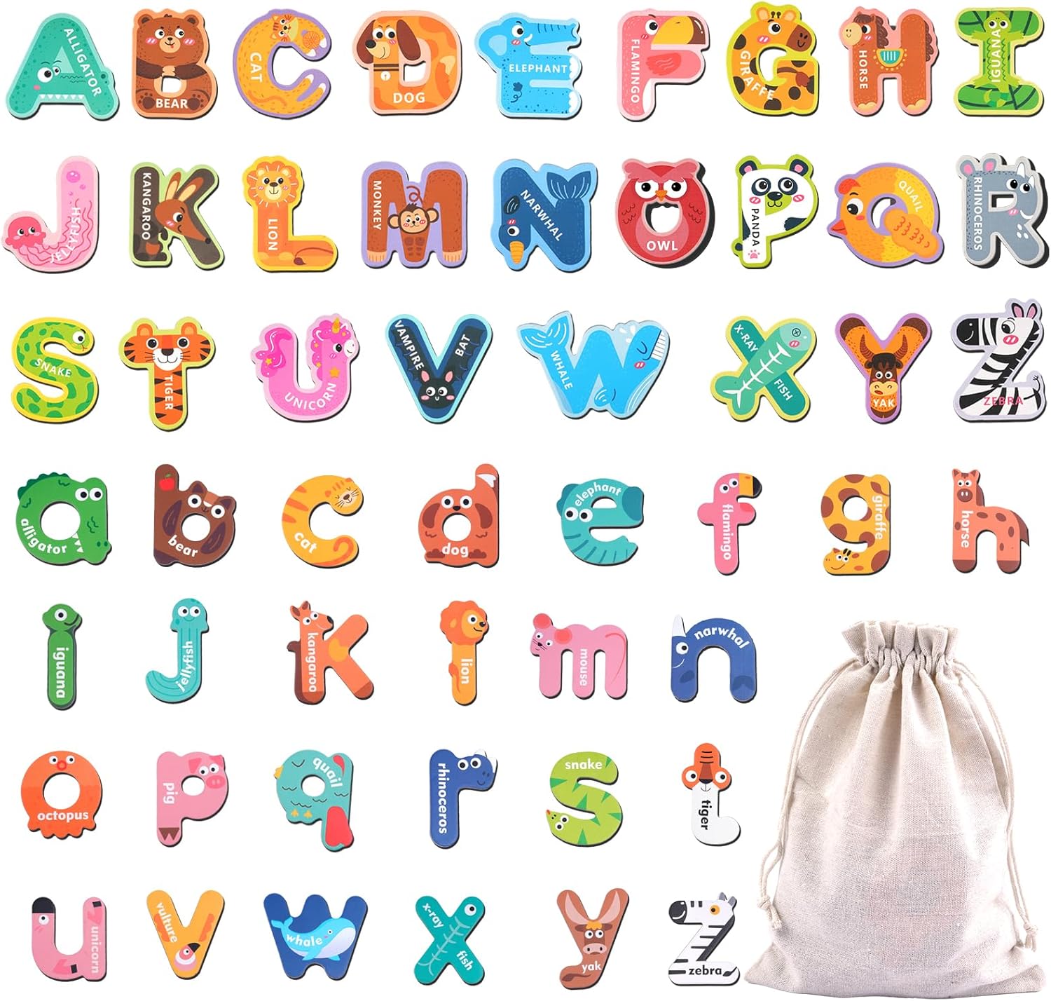 52-piece magnetic letter set for kids (uppercase & lowercase) with animal design