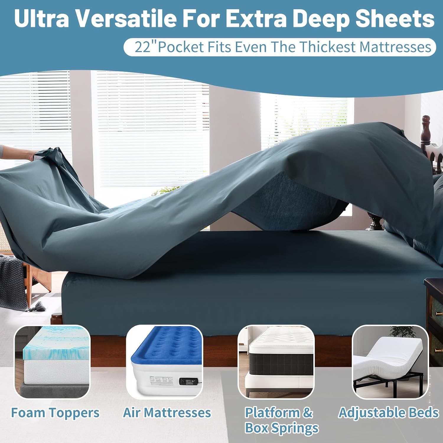 Detalle de Overket Extra Deep Pocket King Cotton Sheet Set, 1000 Thread Count, Lake Blue