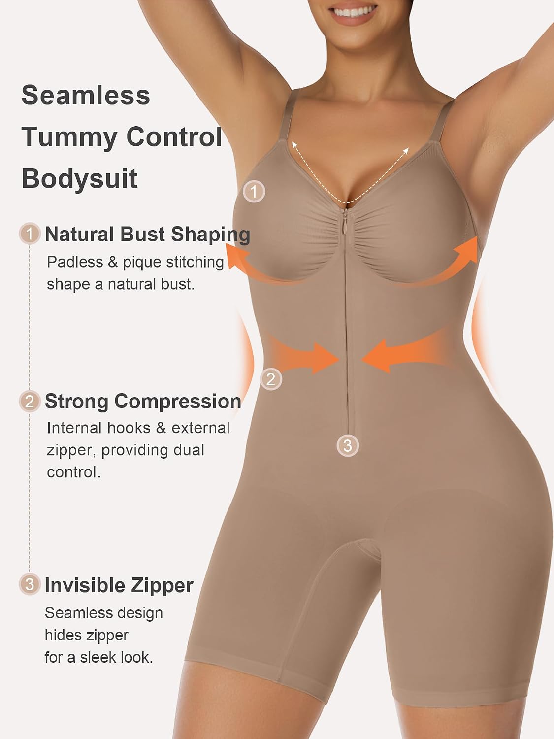 Detalle de SHAPERX Women's Shapewear Bodysuit with Zip, Inner Hooks and Adjustable Straps
