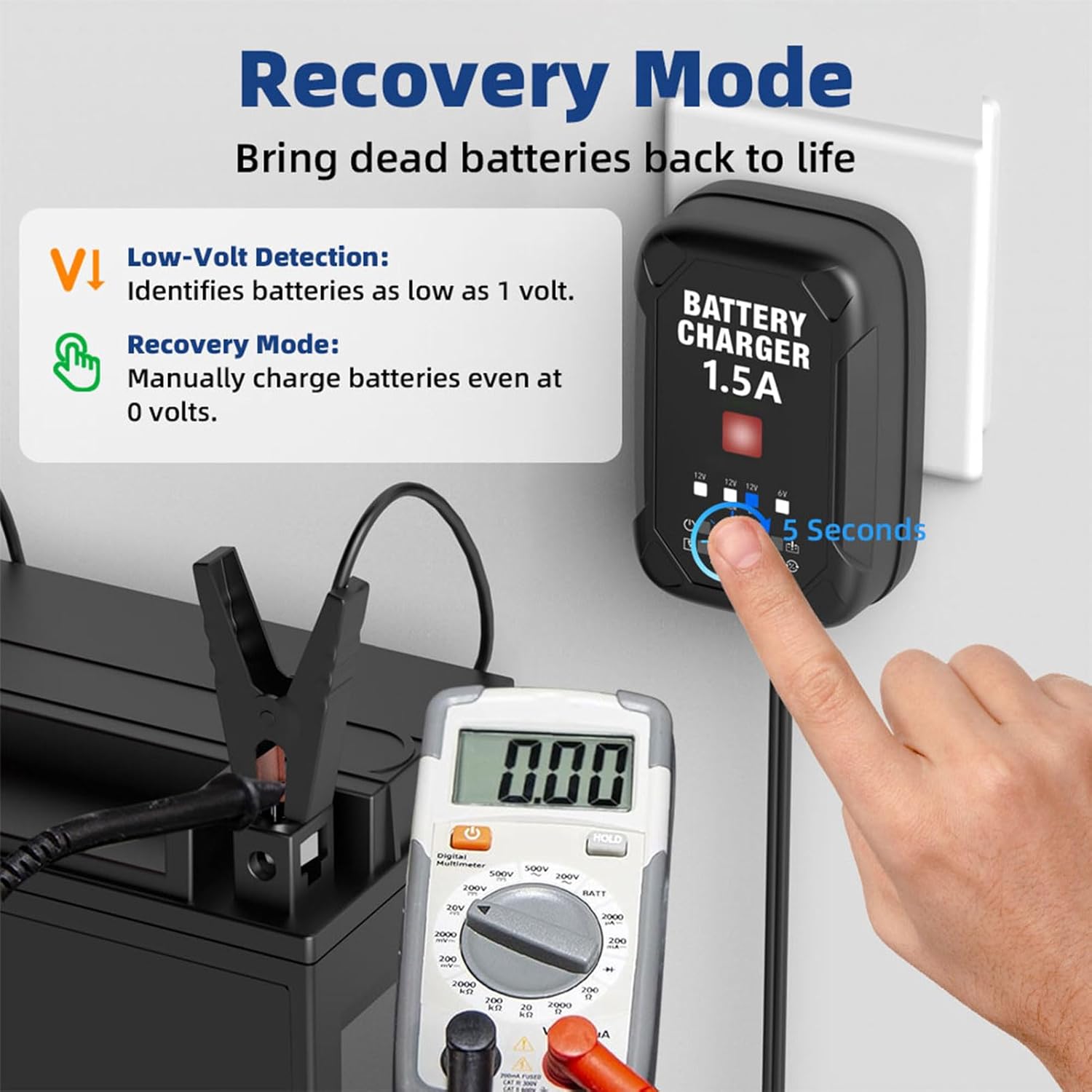 Thumbnail 4 de 1.5A 6V/12V Car Battery Charger (Automatic Trickle Charger) — Battery Maintainer with Temperature Compensation & Overcharge Protection
