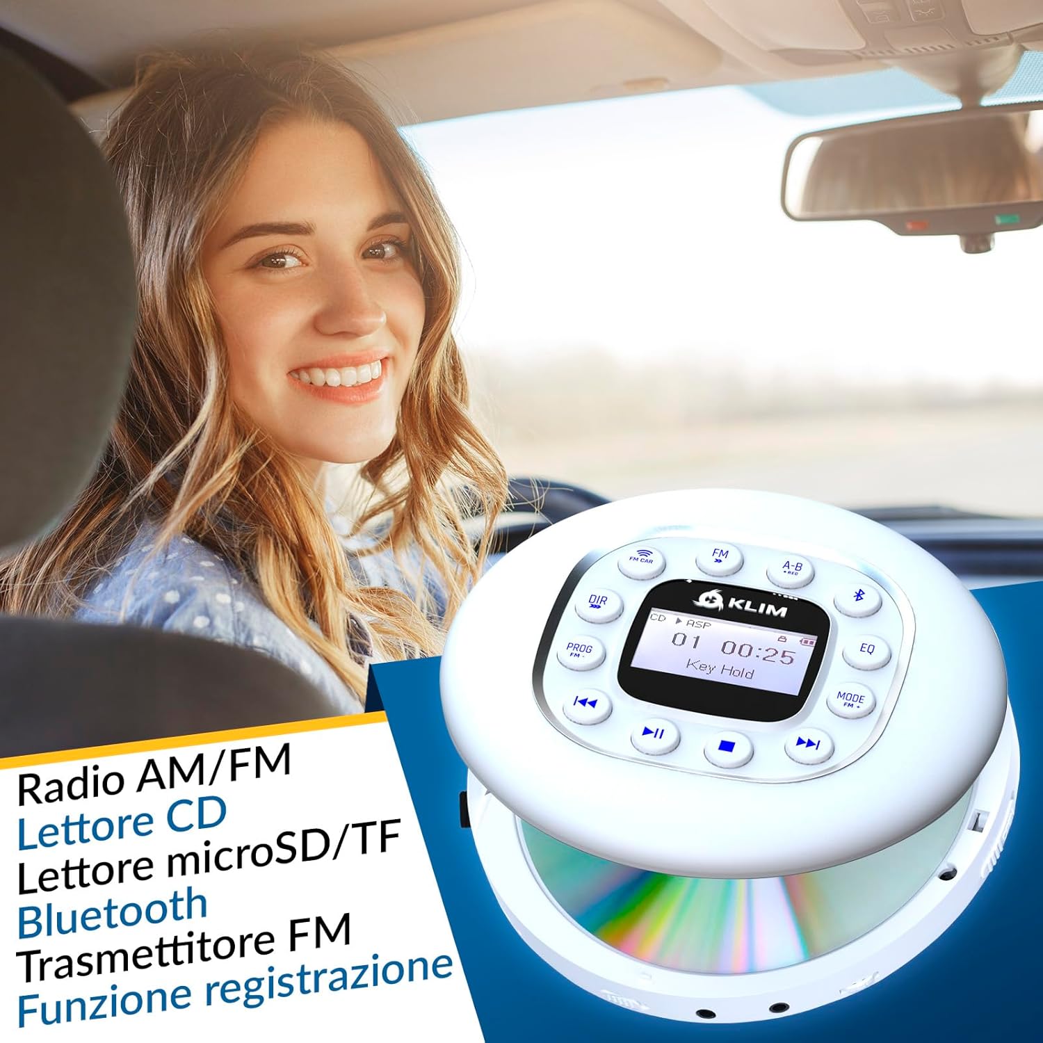 Detalle de KLIM Journey lettore CD HiFi portatile con Bluetooth per auto, FM e slot scheda SD (bianco) – con cuffie incluse