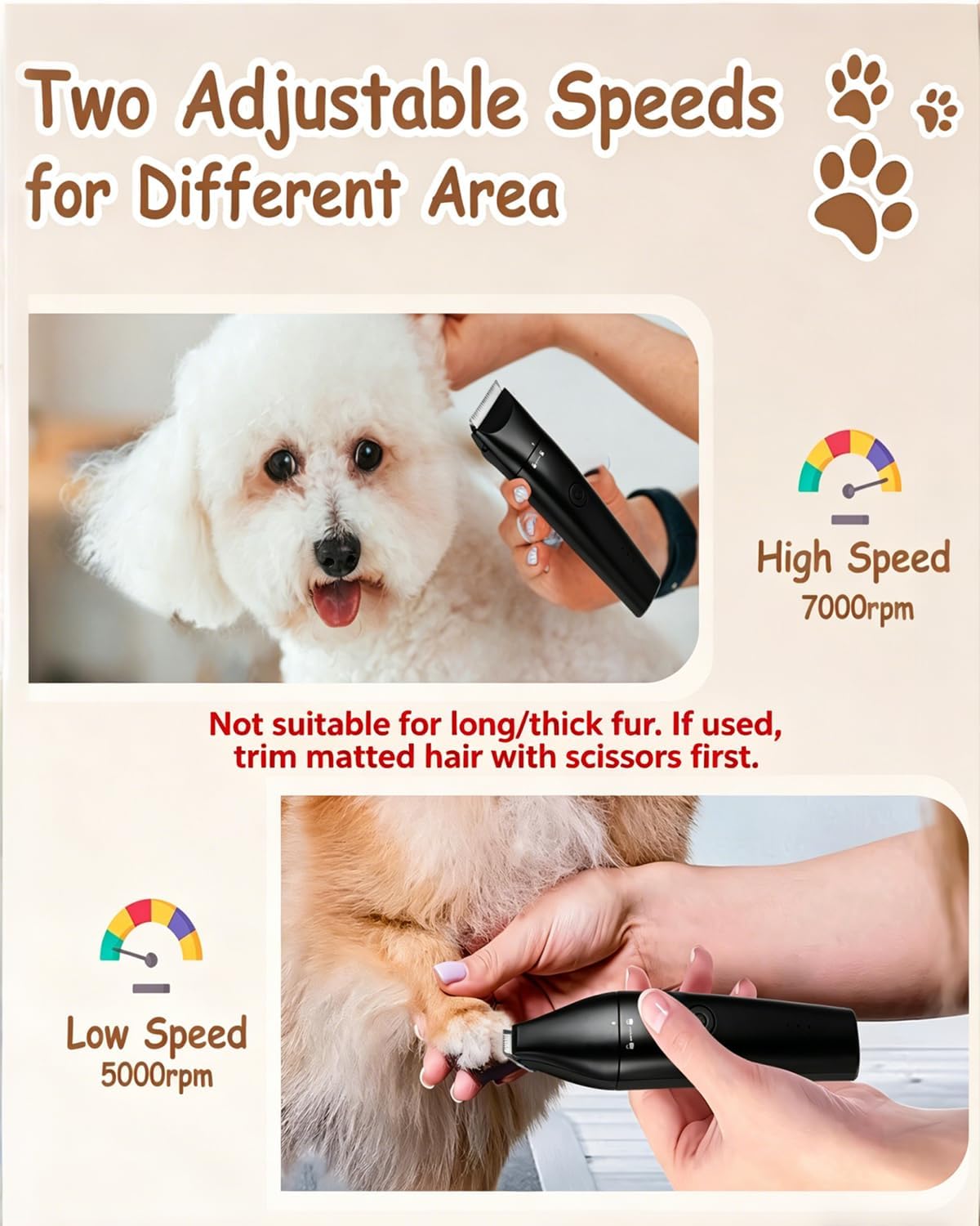 Thumbnail 6 de Cussity 4 in 1 Dog Clippers for Grooming – USB-C Rechargeable, Two Speeds, Nail Grinder