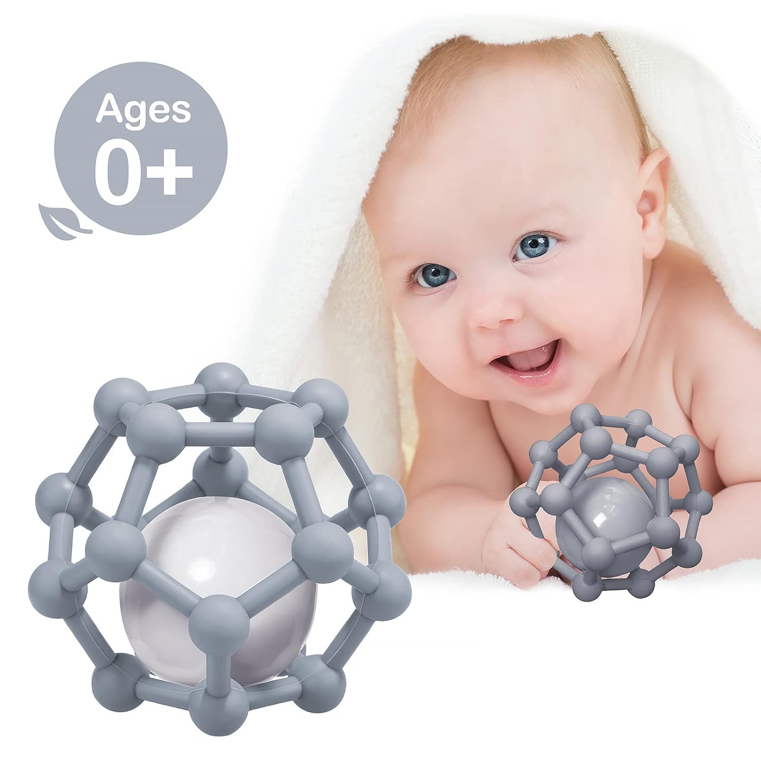 Thumbnail 5 de MCGMITT Baby-Beißring mit Rassel-Ball aus Silikon (grau) für Babys 3–12 Monate