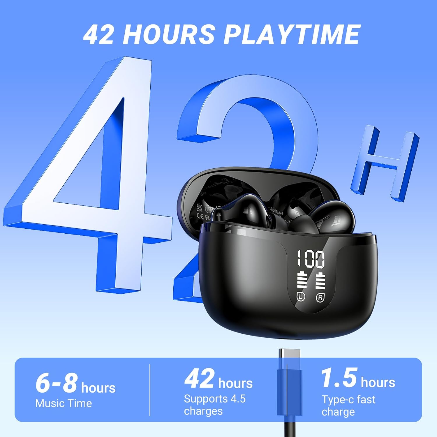 Thumbnail 4 de Wireless Earbuds Bluetooth 5.4 In-Ear Headphones with 4 ENC Mic, 42h Playtime & IP6 Waterproof (Black) — S48-style earbuds