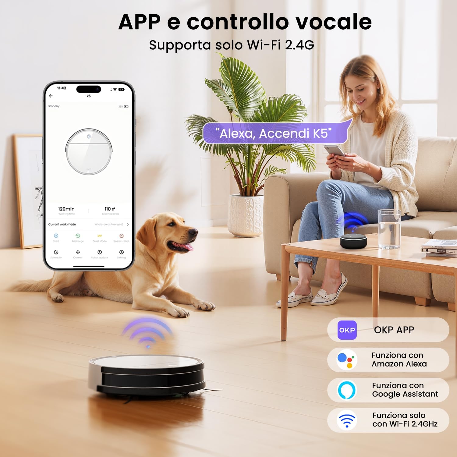 Thumbnail 6 de OKP K5: Robot aspirapolvere 2500Pa con telecomando, Wi‑Fi, Alexa e lavaggio, sottile 7,8 cm