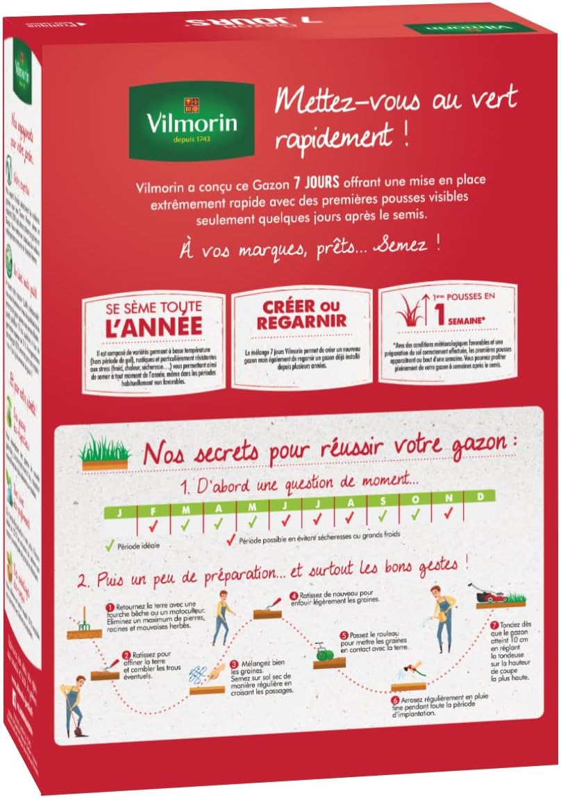Detalle de Vilmorin 4460714 Gazon 7 Jours, Vert, 1 kg — pour créer ou regarnir votre gazon
