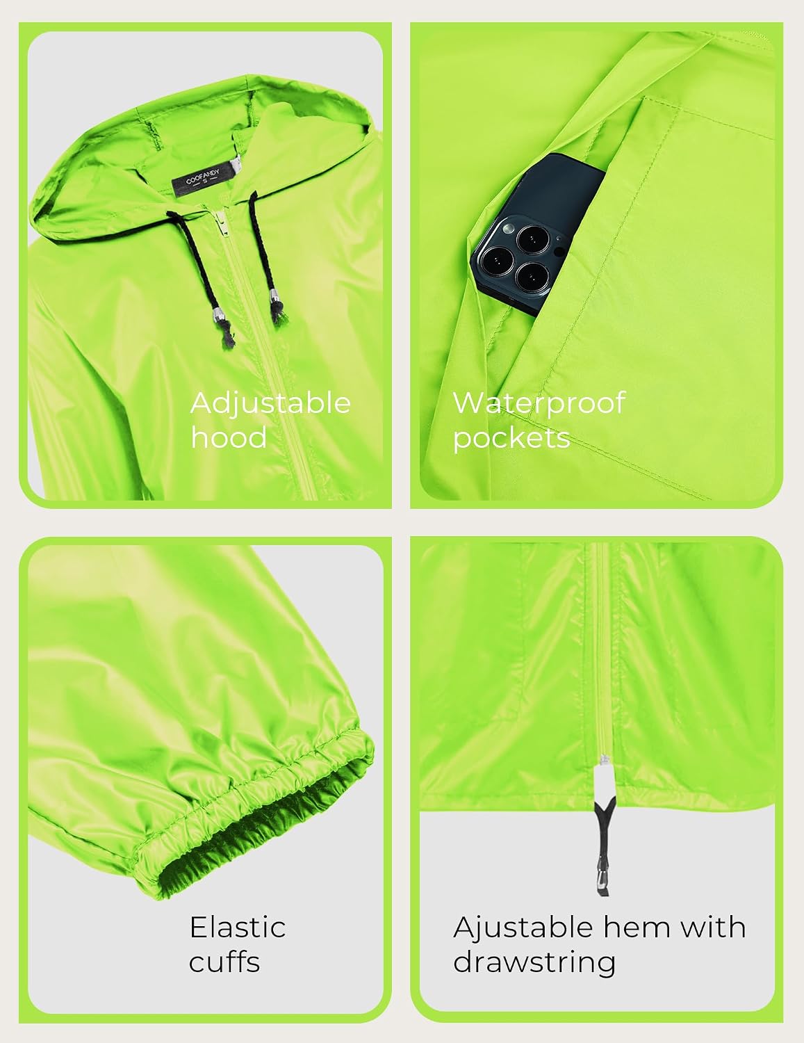 Detalle de COOFANDY Men’s Packable Rain Jacket with Hood — Lightweight Waterproof Raincoat for Travel & Outdoor Use