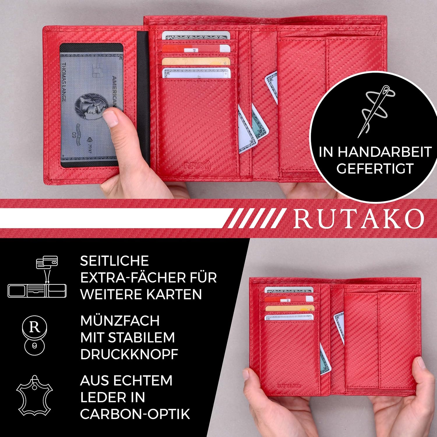 Thumbnail 3 de RUTAKO Herren-Leder-Geldbörse mit RFID-Schutz, Querformat mit Münzfach und 12 Fächern (Carbon-Rot)
