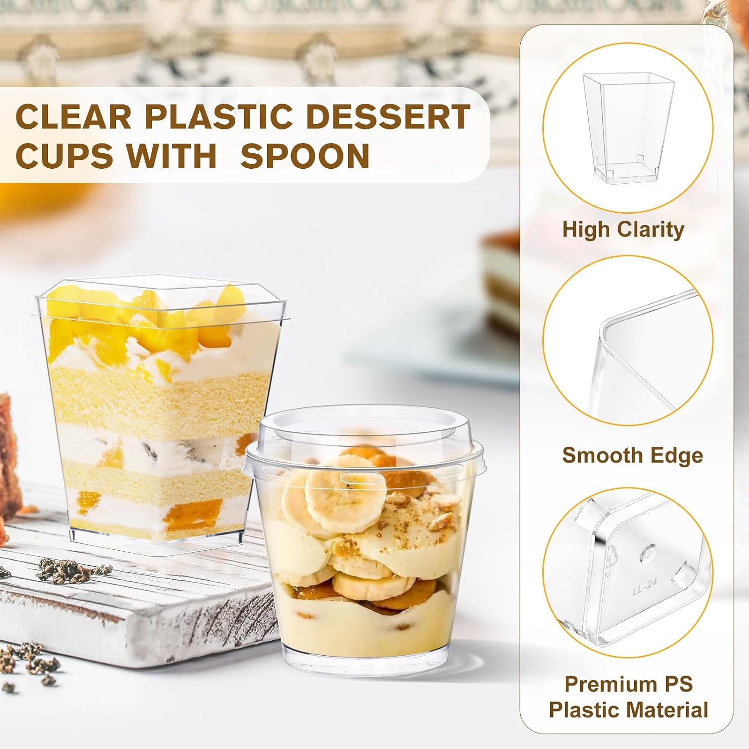 Detalle 2 de DI QIU REN Clear Dessert Cups, 7 oz Round and 5 oz Square, with Lids & Spoons